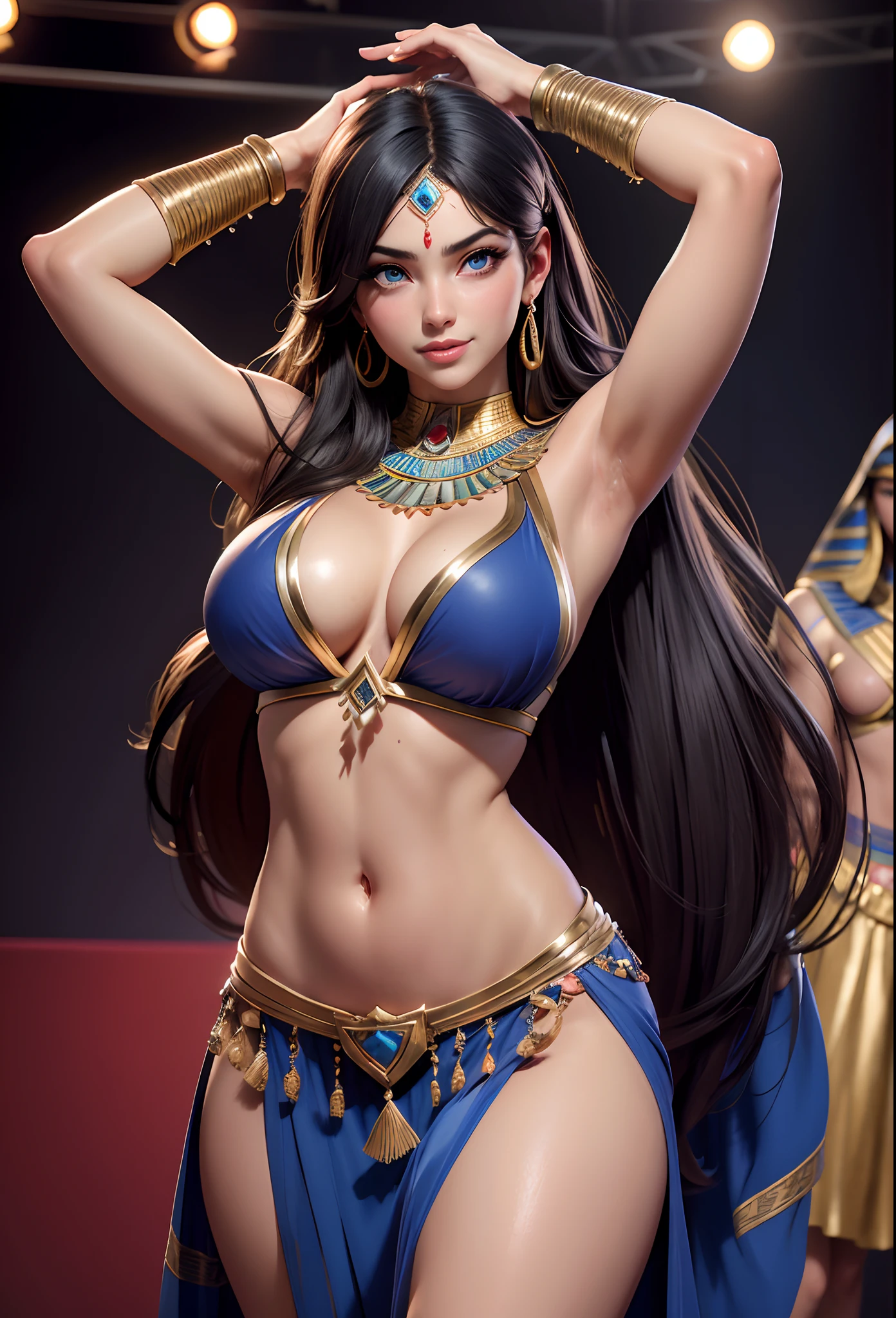 1 girl, Women, tanned skin, Pigmentation, Belly dance costume, Belly dance costume, Very Huge Big Chest, Egyptian Decor, Egyptians, Black Hair, Tie me up., long-haired, sharp face, Exquisite Face, Sharp navel, Few pieces of clothing, Blue Eyes, sharp sweat;, HD, 4K, Stand on stage, Background contrast, Look at the audience., master-piece, Major contributions, sharp photo, attractive, Flawless., Sweaty Lot, (Unbeatable masterpiece:1.4), high-res, Sexy, ultra quality, Drenched body, Drenched breasts, Dreamy wet breast sweating, Manifestation of fatigue, Show happy emotions, High resolution lips, High resolution mouth, High resolution eyes, In high resolution eyes, High resolution eyeballs, High resolution set, High-resolution devices, Everything in high resolution,sexy, Dancing on stage, smirk,