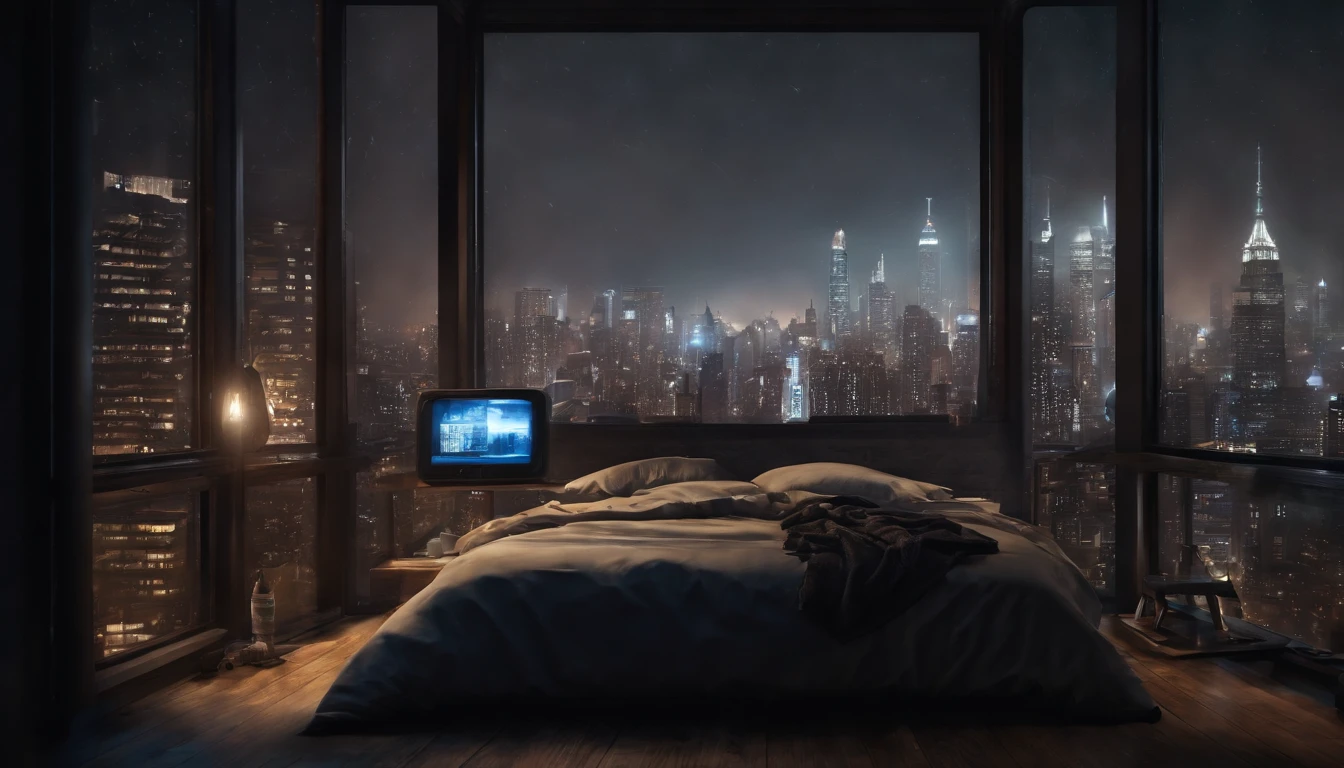 Bustling city outside the window, cyber punk perssonage. There is a bed in front of the window. Electronic clock, the night, messy rooms. A sky full of stars