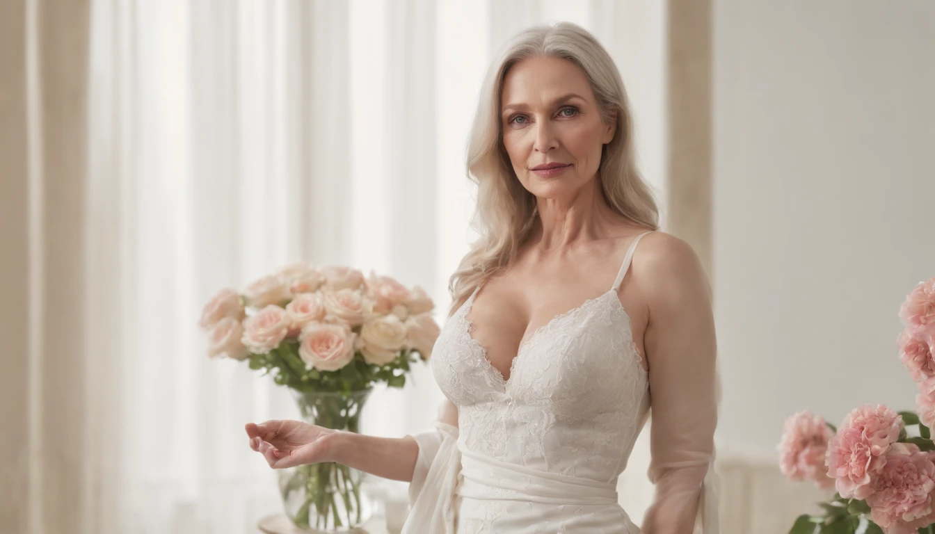 Sultry elegance of a 50-year-old senior woman in a very exciting white dress, Huge-breasts,Guilt of the whole body in all limbs, She has a very beautiful figure, Gorgeous, Photo in a short skirt, Sexy, realistic camera of Iphone 14 pro, foto realista, No eye deformity, shooting, dream, Hyper-realistic, 4k, Detailed beautiful woman, full - body, seductive, (hiquality, High Resolution), she is 50 years old, Eyes Normal Man Old Model In Front Of Flowers, Trending on ArtStation, sharp-focus, studio photo, intricate details, Highly detailed, by Greg Rutkowsky, No eye deformity