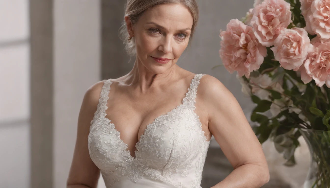 Sultry elegance of a 50-year-old senior woman in a very exciting white dress, Huge-breasts,Guilt of the whole body in all limbs, She has a very beautiful figure, Gorgeous, Photo in a short skirt, Sexy, realistic camera of Iphone 14 pro, foto realista, No eye deformity, shooting, dream, Hyper-realistic, 4k, Detailed beautiful woman, full - body, seductive, (hiquality, High Resolution), she is 50 years old, Eyes Normal Man Old Model In Front Of Flowers, Trending on ArtStation, sharp-focus, studio photo, intricate details, Highly detailed, by Greg Rutkowsky, No eye deformity
