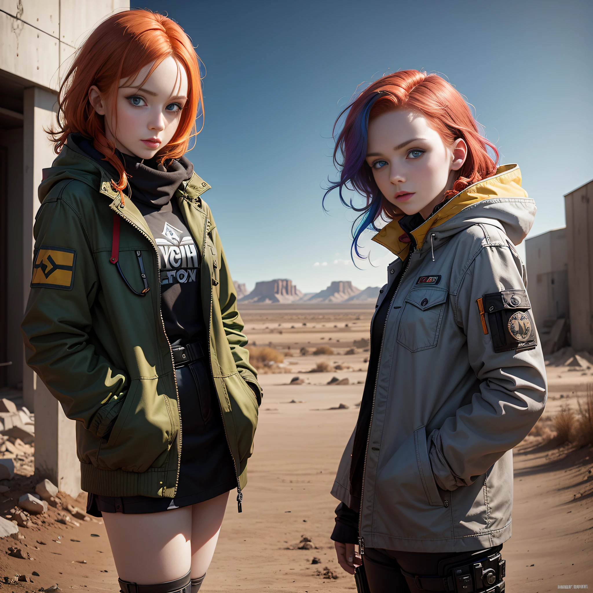 cute redhead woman , multiple rainbow colored hair, sky-blue eyes, happy, Ukrainian, petite, pale skin, wearing a black yellow skin jacket, post apocalyptic background, bleak barren desert, photo realistic woman. award winning photo , ultra sharp photo