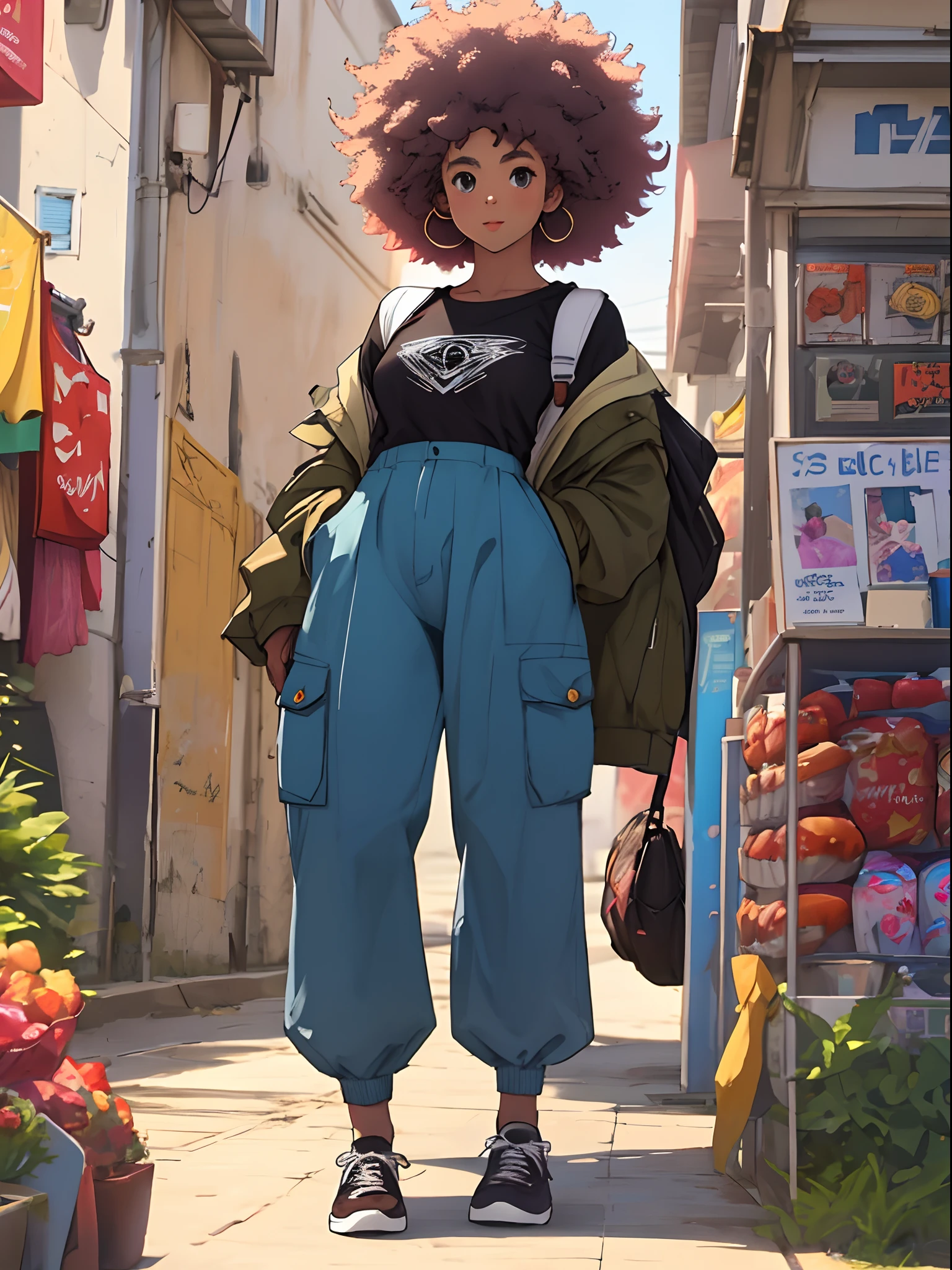 A girl wearing a crago pants looking a viewers with afro hair.