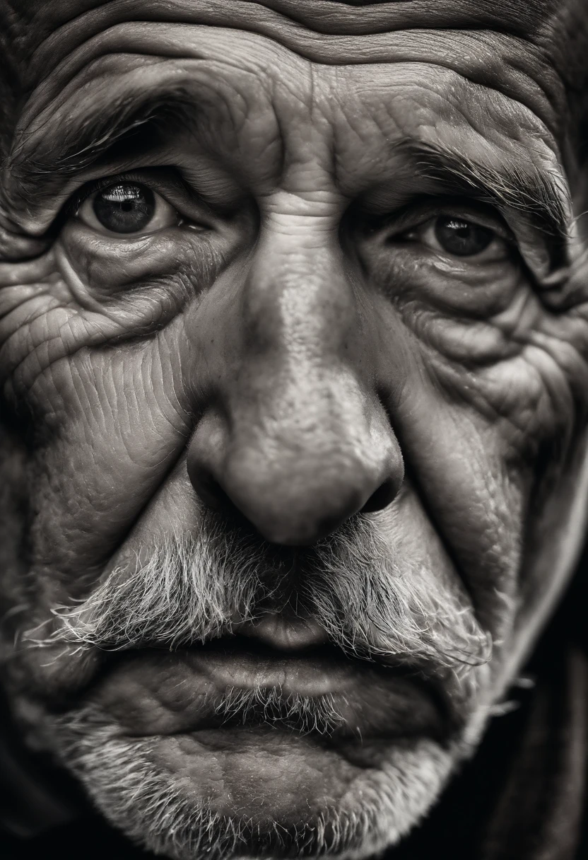 Face of an old man, expression wrinkles, nice black image background, realisitic