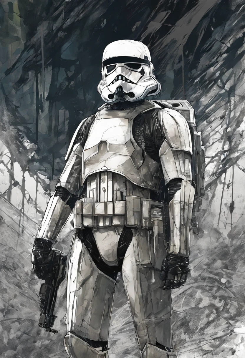 El dibujo de tinta Stormtroopers, Digital illustration, Comic strip style, acuarela, Estilo ArtStation, arte conceptual, 2 d illustration, por Peter Draw, por Carne Griffiths, por Wadim Kashin, cuerpo completo, centrado,detallado, Suave, dynamic pose