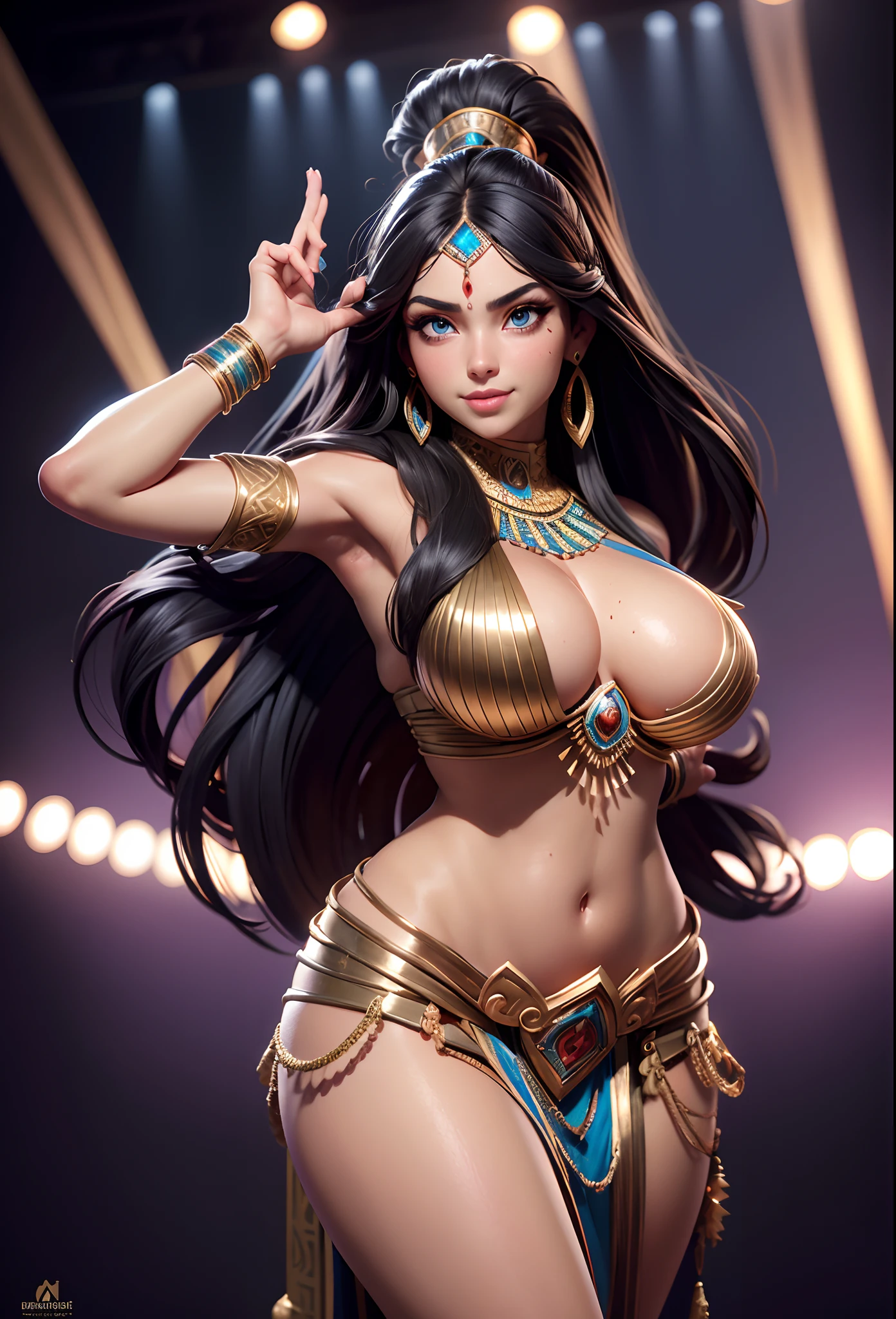 1 girl, Women, tanned skin, Pigmentation, Belly dance costume, Belly dance costume, Very Huge Big Chest, Egyptian Decor, Egyptians, Black Hair, Tie me up., long-haired, sharp face, Exquisite Face, Sharp navel, Few pieces of clothing, Blue Eyes, sharp sweat;, HD, 4K, Stand on stage, Background contrast, Look at the audience., master-piece, Major contributions, sharp photo, attractive, Flawless., Sweaty Lot, (Unbeatable masterpiece:1.4), high-res, Sexy, ultra quality, Drenched body, Drenched breasts, Dreamy wet breast sweating, Manifestation of fatigue, Show happy emotions, High resolution lips, High resolution mouth, High resolution eyes, In high resolution eyes, High resolution eyeballs, High resolution set, High-resolution devices, Everything in high resolution,sexy, Dancing on stage, smirk,