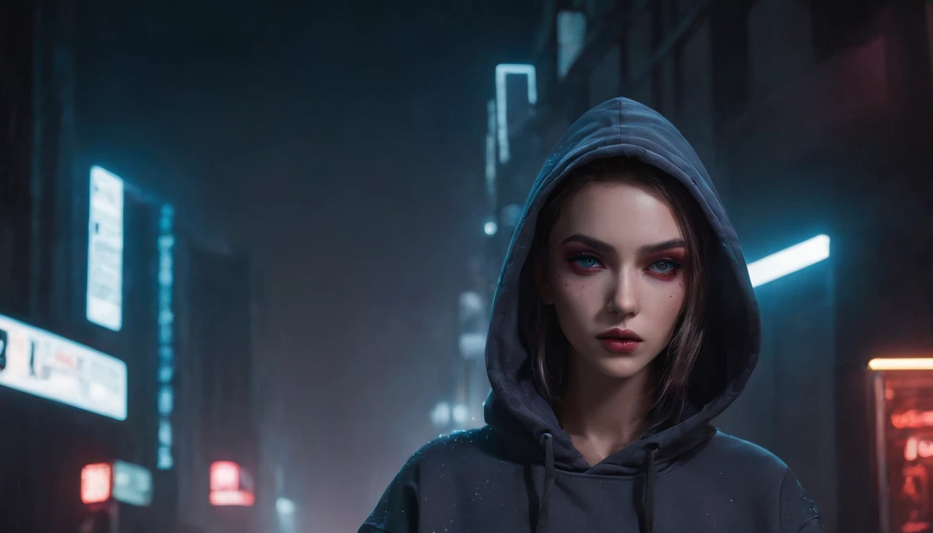 Portrait of a beautiful girl with a hoodie in a cyberpunk city at night, rainy night, beautiful eyes, foggy night lights, dramatic lights, neon lights, hardwave aesthetic, cold lights, dark cyberpunk aesthetic, extremely beautiful woman.
