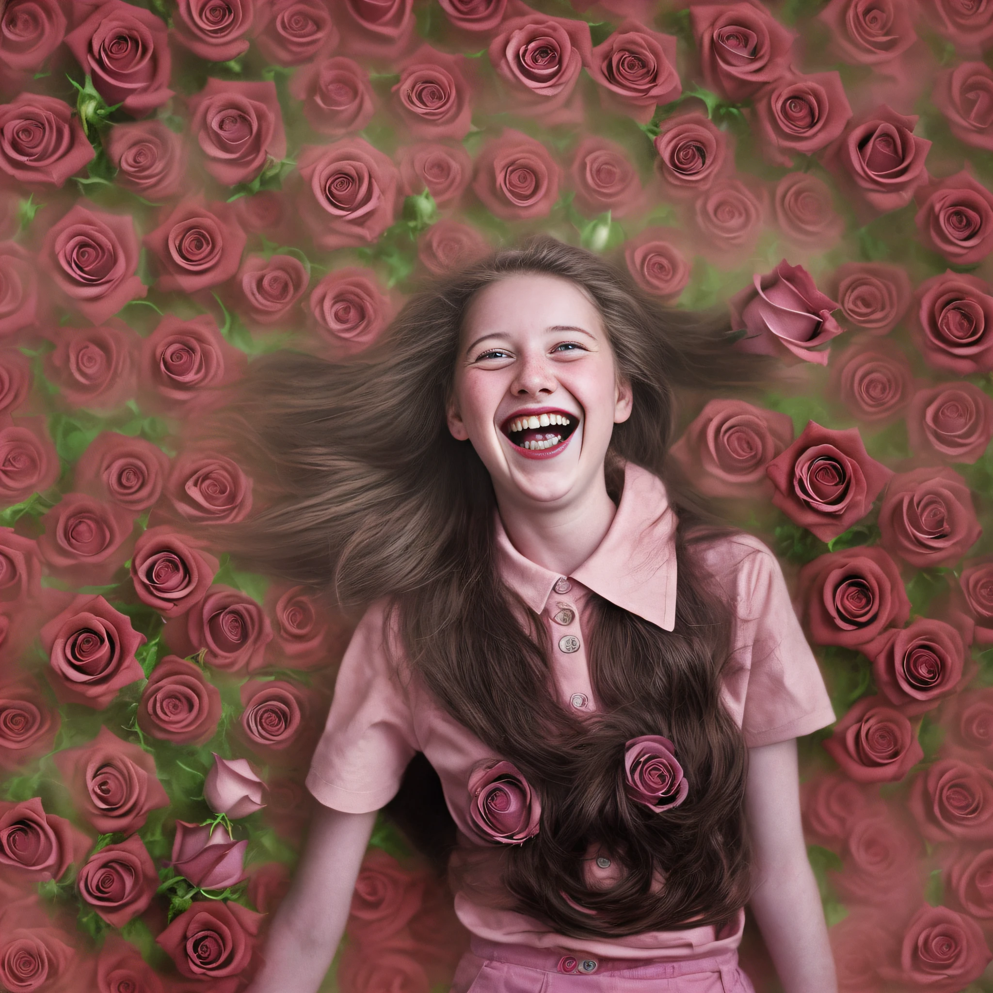 Colorful professional masterpiece photograph by Richard Kern in high quality of a 12 year old beautiful laughing geek girl. Crazy, surrealism. High detail, high quality elaboration of the face. Lots of roses. Created by Joe McNally. Best photography with world awards. Leica M6, volumetric light.