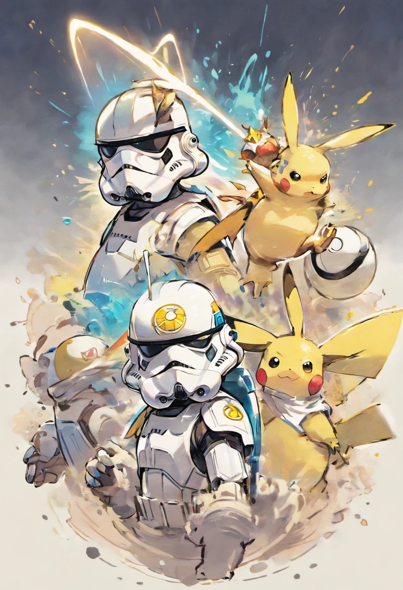 El dibujo de tinta Stormtroopers, Digital illustration, Comic strip style, acuarela, Estilo ArtStation, arte conceptual, 2 d illustration, por Peter Draw, por Carne Griffiths, por Wadim Kashin, cuerpo completo, centrado,detallado, Suave, dynamic pose