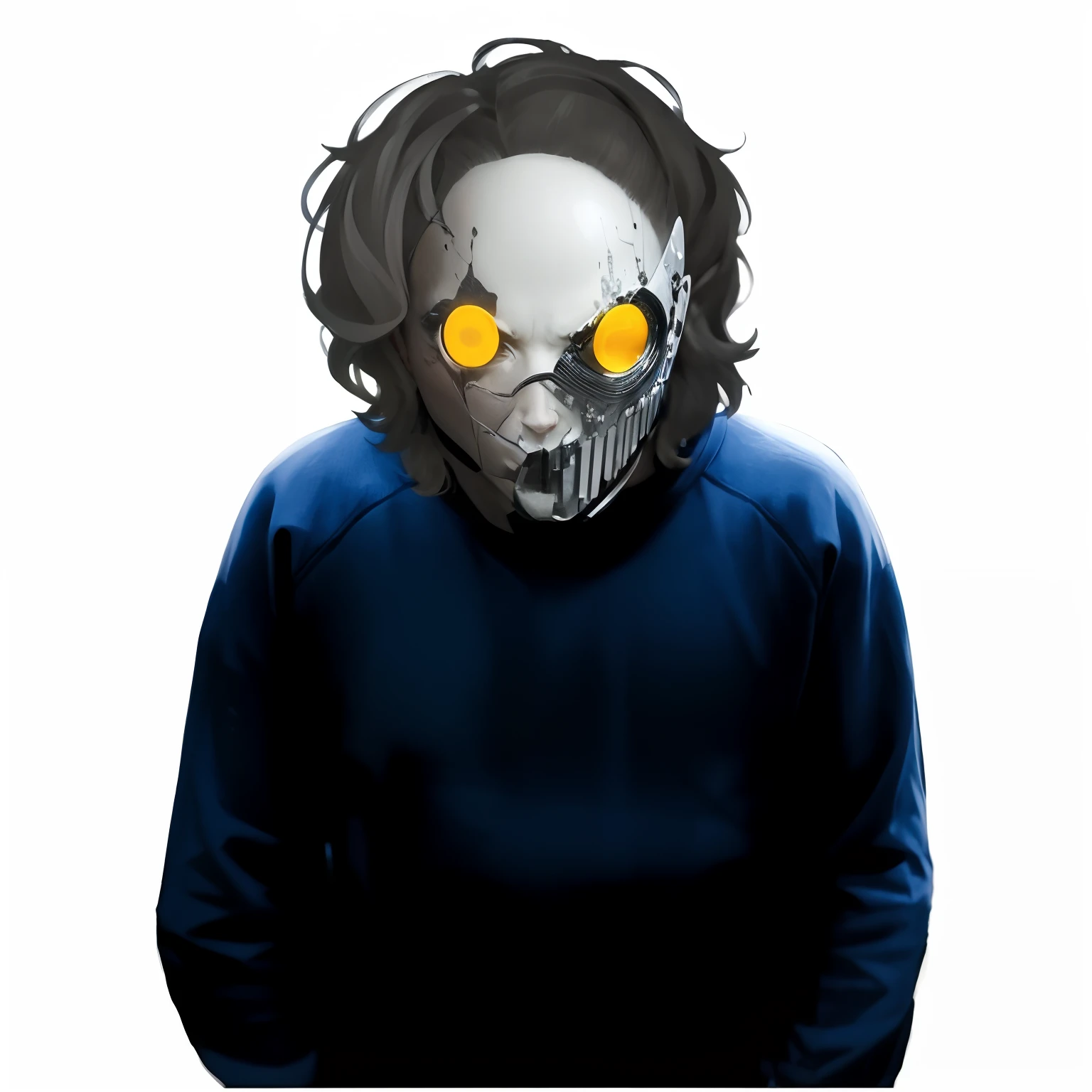 Personagen masculino, mascara branco, olhos dourados, cabelo longo, moletom preto, estilo cyberpunk