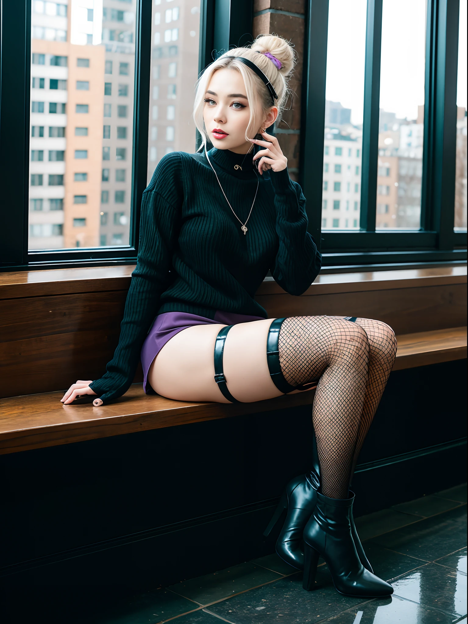 {{Masterpiece}}, {{Best quality}}, Rainy days, Cityscape, In the cyberpunk city, Cityscape, Girl, Medium hair, White hair, Wavy hair, hair-bun, hair pin, purple hairband, Beautiful detailed eyes, Sweater dress, ribbed sweater, Miniskirt, {Sexy lingerie}, {Transparent underwear}, {Arashi}, fishnet stockings, knee_Boots, necklace, Black choker , half gloves , fingerless_mitts, All_all fours, Skirt lift,