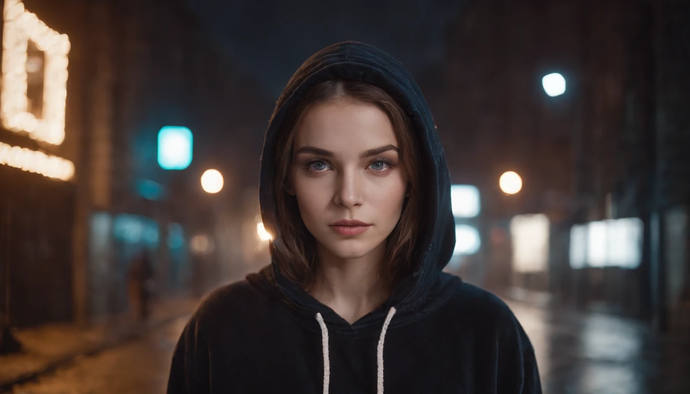 Portrait of a sad beautiful girl with a hoodie in a city alley at night, rainy night, beautiful eyes, foggy night lights, dramatic lights, neon lights, hardwave aesthetic, cold lights, dark cyberpunk aesthetic, extremely beautiful woman.