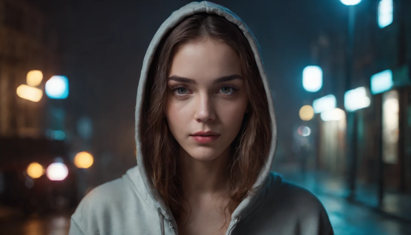 Portrait of a sad beautiful girl with a hoodie in a city alley at night, rainy night, beautiful eyes, foggy night lights, dramatic lights, neon lights, hardwave aesthetic, cold lights, dark cyberpunk aesthetic, extremely beautiful woman.