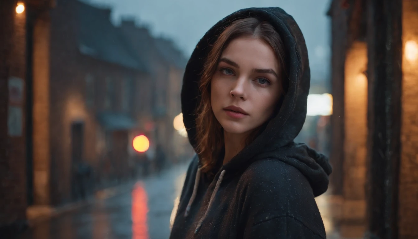 Portrait of a sad beautiful girl with a hoodie in a city alley at night, rainy night, beautiful eyes, foggy night lights, dramatic lights, neon lights, hardwave aesthetic, cold lights, dark cyberpunk aesthetic, extremely beautiful woman.