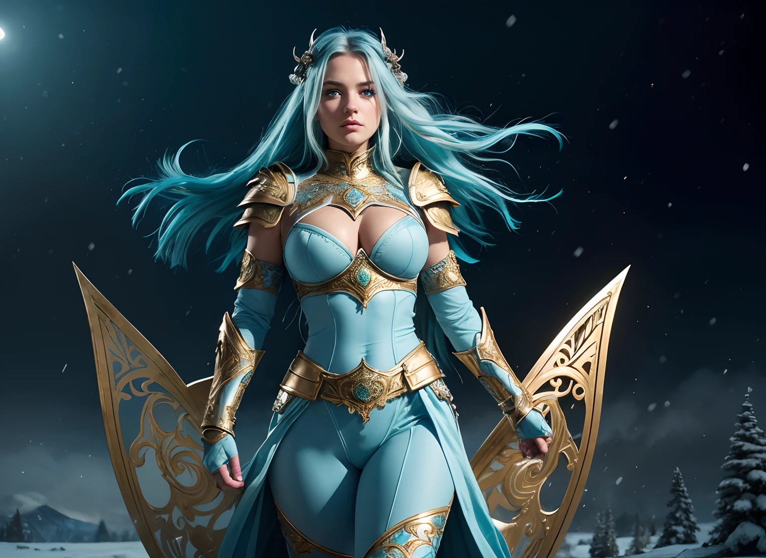 realistic), (cinematic shot), slightly low view. upper body of an beautiful young girl knight, 1girl, woman, in medieval armor, (detailed face), ((pretty big turquoise eyes)), with very long hair, (light blue hair), (long hair), ((messy hair)), ((bands)) blowing hair, (big breasts), near a snow castle at winter, golden armor, golden horns on helmet, (full body armor), ((bright intricate armor)), (light blue legging), (detailed armor, high quality), ((ornate armor)), (hdr), (noble), inspiring, film, cinematic lighting. ((light blue pants)). ((delicate face)). Full body-armor.( Enlongated armor skirt)). The most beautiful warrior. Ultrarealistic landscape.