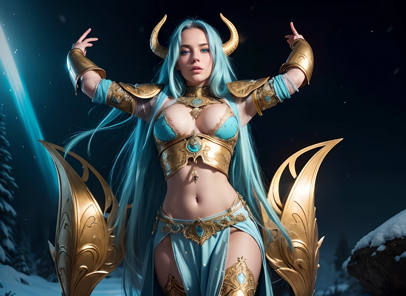 realistic), (cinematic shot), slightly low view. upper body of an beautiful young girl knight, 1girl, woman, in medieval armor, (detailed face), ((pretty big turquoise eyes)), with very long hair, (light blue hair), (long hair), ((messy hair)), ((bands)) blowing hair, (big breasts), near a snow castle at winter, golden armor, golden horns on helmet, (full body armor), ((bright intricate armor)), (light blue legging), (detailed armor, high quality), ((ornate armor)), (hdr), (noble), inspiring, film, cinematic lighting. ((light blue pants)). ((delicate face)). Full body-armor.( Enlongated armor skirt)). The most beautiful warrior. Ultrarealistic landscape.