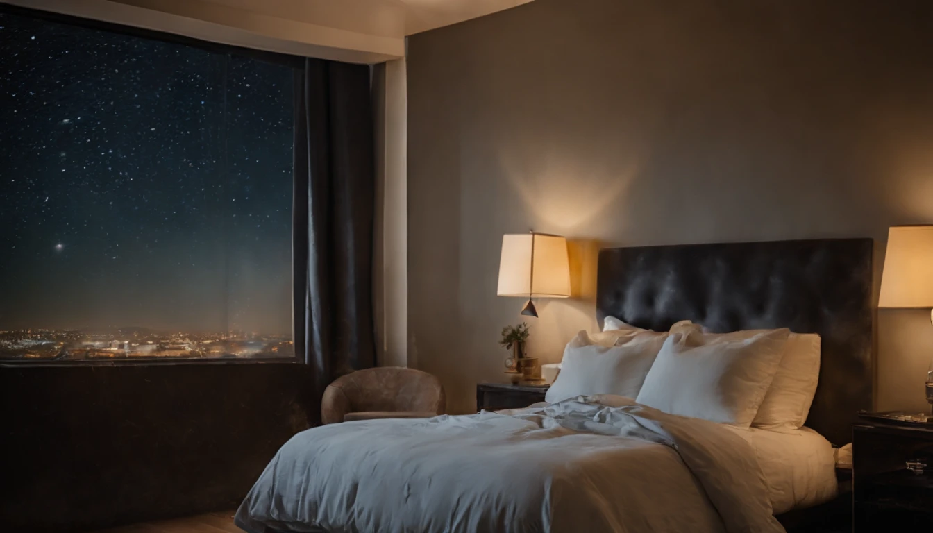 Close up of scenery at night, messy rooms. A sky full of stars. There is a bed in front of the single big window. front angle view