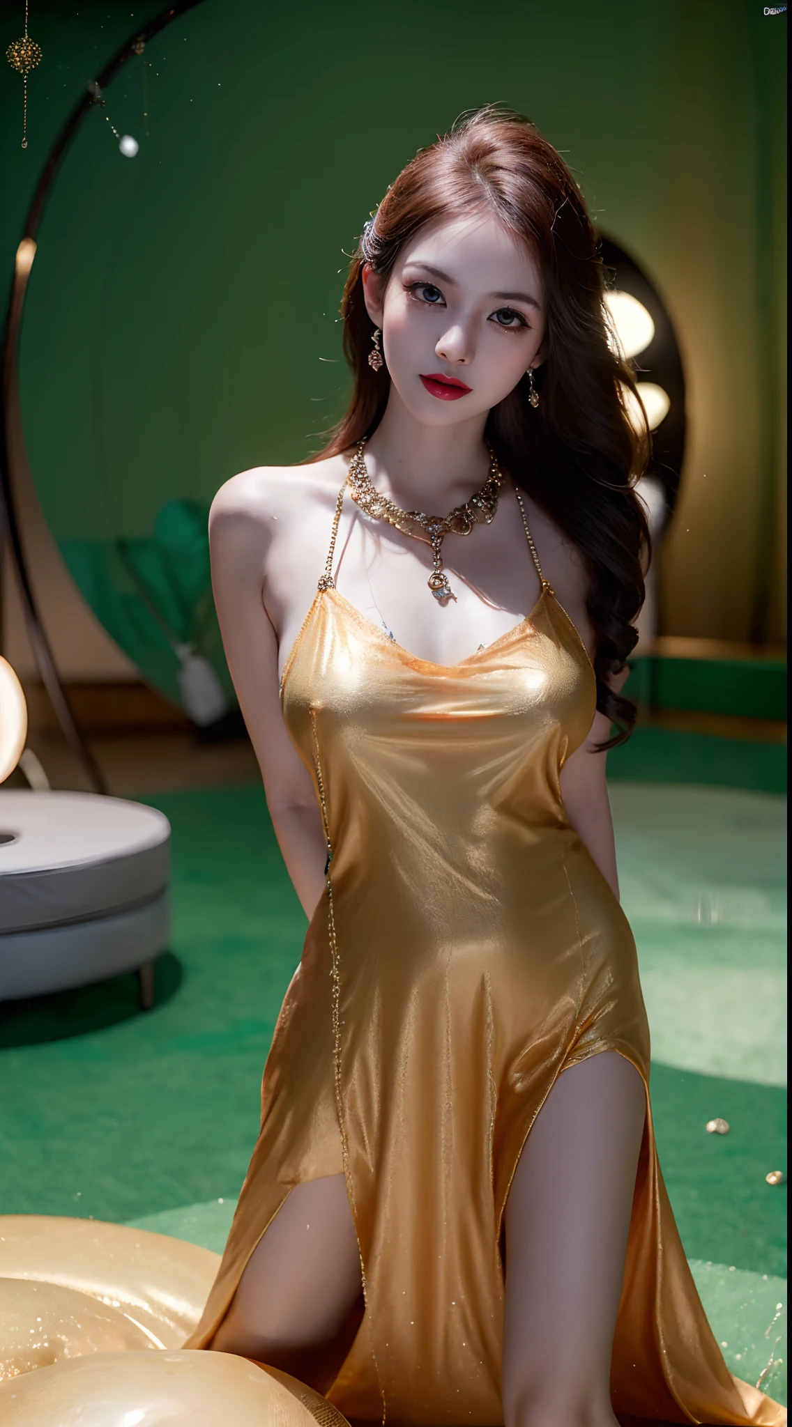 1 beautiful and sexy 20 year old girl, ((wearing The red nightgown is super invisible and sexy:1.5)), ((Super sexy see-through nightgown and deep chest slit:1.5)), ((long red hair:1.7)), jewelry elaborately made from precious stones and beautiful hair, ((wearing a 24k gold lace necklace:1.4)), the noble, noble style of an extremely beautiful girl, her small face is super cute, her face is very pretty, thin eyebrows, flawless beautiful face, ((black eye pupils: 0.8)), very beautiful eyes, ((light red eyes: 1)), (((big round eyes:1.6))), nice makeup and hair detailed eyelashes, steamy eye makeup, high nose, earrings, red lips, ((closed mouth: 1.5)) beautiful lips, slim hands, most beautiful thighs, ((arms spread out to the sides: 1.5)), rosy face, clean face, flawless beautiful face, smooth white skin, beautiful cleavage, (((big breasts and super round: 1.8))), beautiful breasts, perfect body, ((put girl's arms behind her back:1.6)), chest out, sit down on the bed, ((Open your legs:1.5)), not ashamed, 8k photo, super high quality, super realistic, super 10x pixels, optical, bright studio, bright edges, dual-tone lighting, (high-detail skin:1.2), super 8k, soft lighting, high quality, volumetric lighting, photorealistic, photorealistic high resolution, lighting, best photo, 4k, 8k quality, smooth sharp, 10x pixel, ((royal villa background:1.5)), aurora, lightning, super graphics realistic, most realistic graphics, 1 girl, alone, solo, Extremely sharp image, surreal, ((frontal portrait:1.6))."