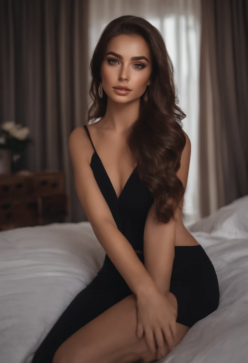 arafed woman fully , sexy girl with brown eyes, ultra realistic, meticulously detailed, portrait sophie mudd, brown hair and large eyes, selfie of a young woman, bedroom eyes, violet myers, without makeup, natural makeup, looking directly at the camera, face with artgram, subtle makeup, stunning full body shot kneeling on bed, in bedroom, medium to large size bust