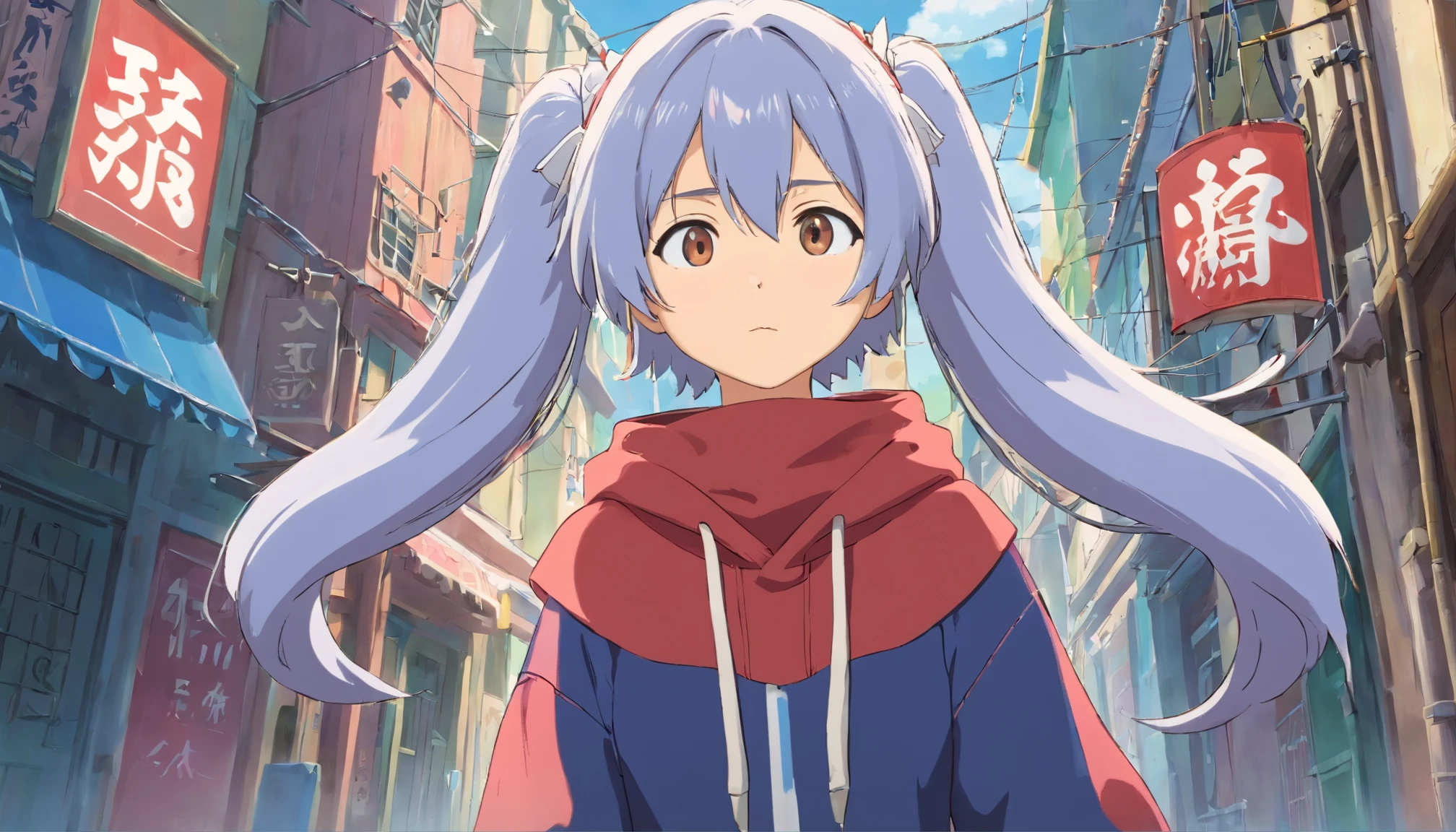 With high image quality、Rich in detail、Twin-tailed silver-haired girl posing cutely。I'm wearing a vintage gothic street hoodie。You can also see big。The photo is a close-up of the face、It also has a sporty atmosphere.。Big buttocks。The navel is also sticking out。