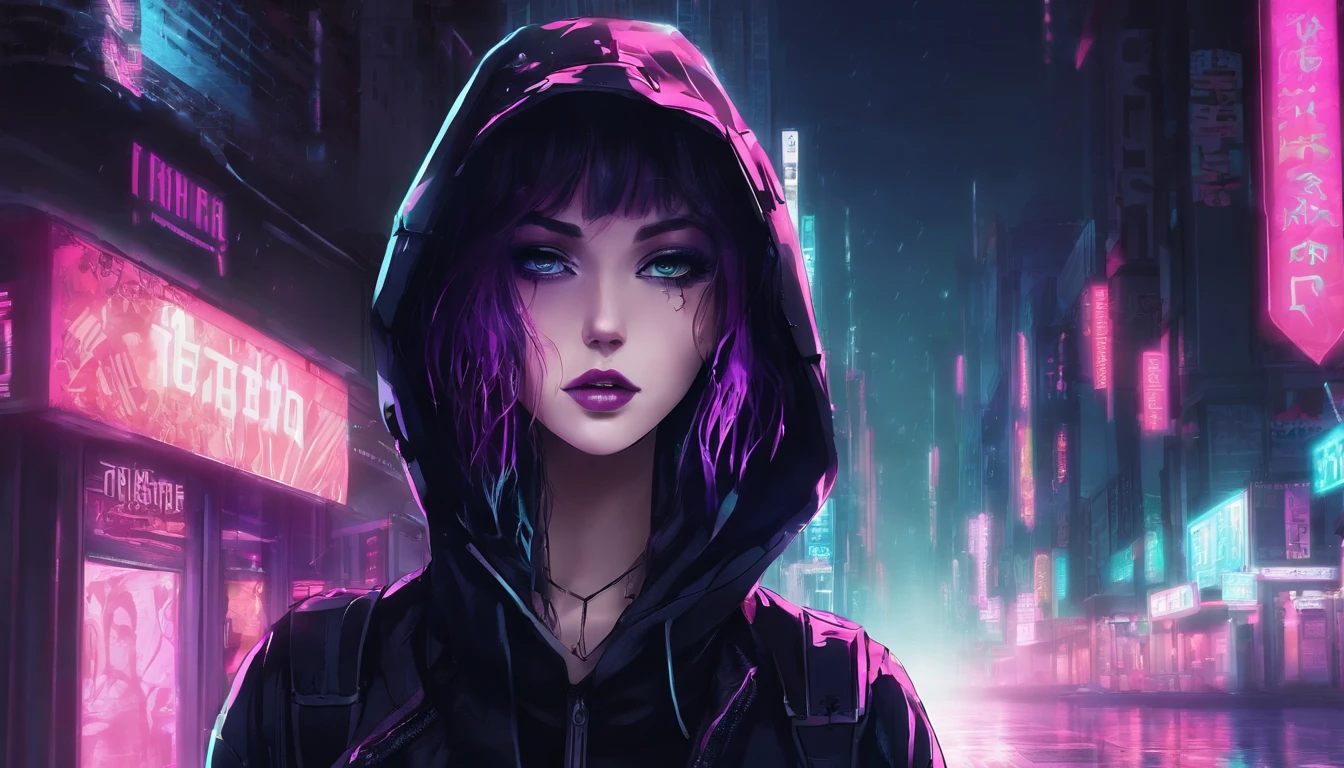 Portrait of a beautiful girl with a hoodie in a cyberpunk city at night, rainy night, beautiful eyes, foggy night lights, dramatic lights, neon lights, hardwave aesthetic, cold lights, dark cyberpunk aesthetic, extremely beautiful woman.
