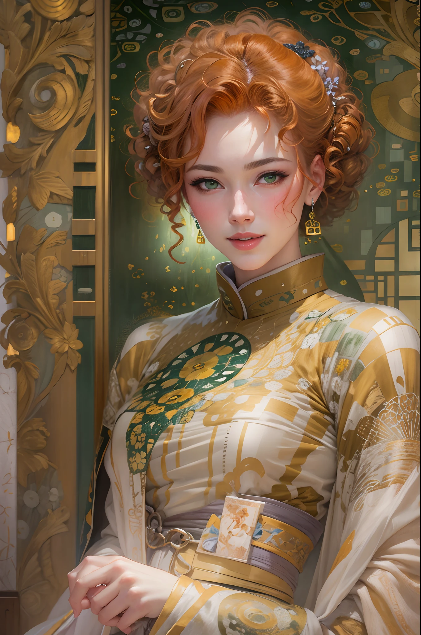 MAIKO_Luis Royo Gustav Klimt Andreas Higher professional, (4k photo:1.1) by (Jeremy Lipking:0.3), (Dittmann Anna:0.3), (Arian Mark:0.3), (Sharp focus:1.3), high detail, wearing (tight shirt:1.2), beautiful detailed face, light green eyes, curly ginger hair, smileing beautiful face