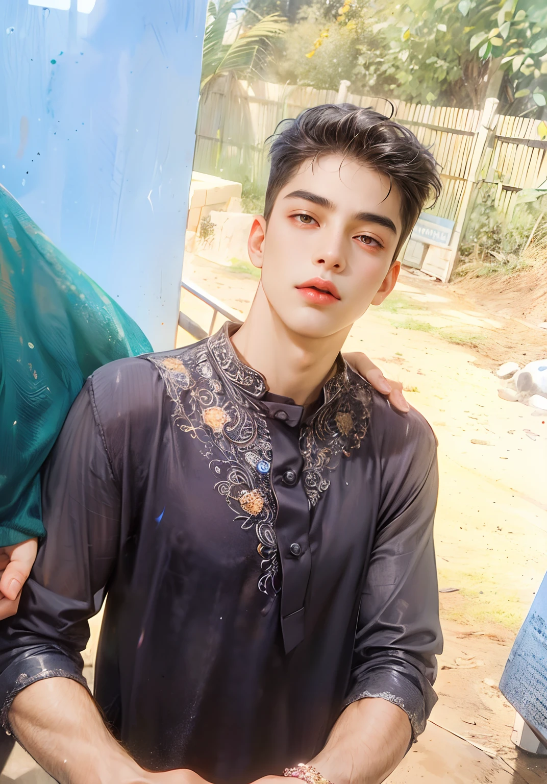 (absurderes, A high resolution, Ultra detailed, hdr), Masterpiece, Best quality, Portrait of a boy, Handsome boy with red eyes, Detailed face, Professional photo, The Alafed man is shirtless, Fight comfortably，legs are open, (puffynipple(From below:1.1)), Focus on your audience,18 year old boy, Handsome boy, [ Firmly defined body ]，Light blue shirt open，Abs，chest muscle，short white pants，large bulge，Black leather shoes，Close-up of feet，prinz，