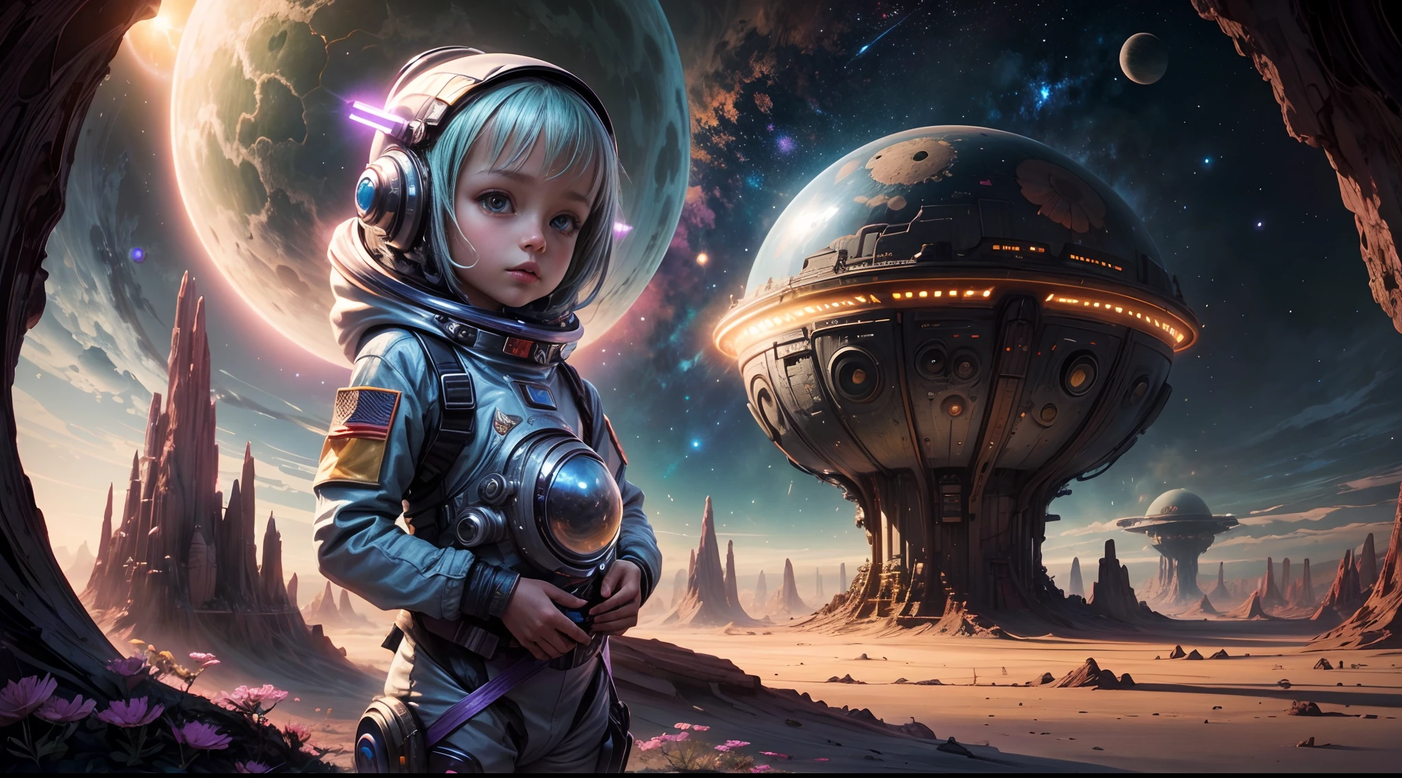 "A detailed painting of a  alien girl dressed as a space ranger, exploring an extraterrestrial landscape adorned with vibrant, otherworldly flowers. Science fiction wonderland, imaginative, space adventure."