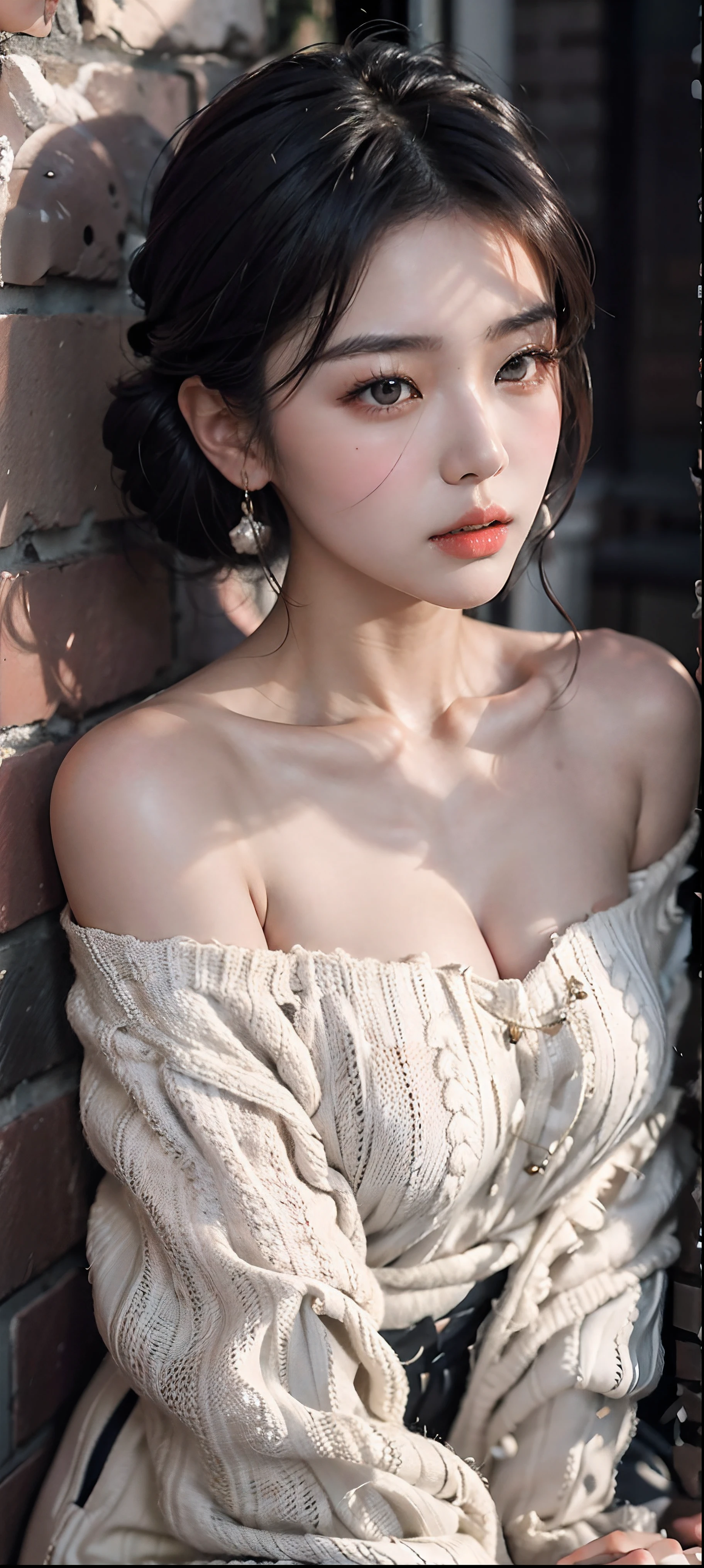 araffed asian woman in a white sweater leaning against a brick wall, gorgeous chinese model, attractive neck, lovely woman, xision wu, beautiful upper body, open v chest clothes, hot with shining sun, beautiful asian girl, beautiful asian woman, gorgeous young korean woman, jaw-dropping beauty, chest up bust shot, decolletage, beautiful south korean woman