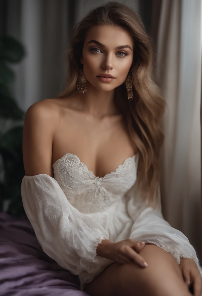 Arafed woman completely , fille  aux yeux bleus, ultra realist, Meticulously detailed, Portrait Sophie Mudd, cheveux blonds et grands yeux, selfie of a young woman, Yeux de chambre, Violet Myers, sans maquillage, maquillage naturel, looking straight at camera, Visage avec Artgram, Maquillage subtil, Great photo of the whole body kneeling on the bed, dans la chambre, Medium to large bust; ; ;nu