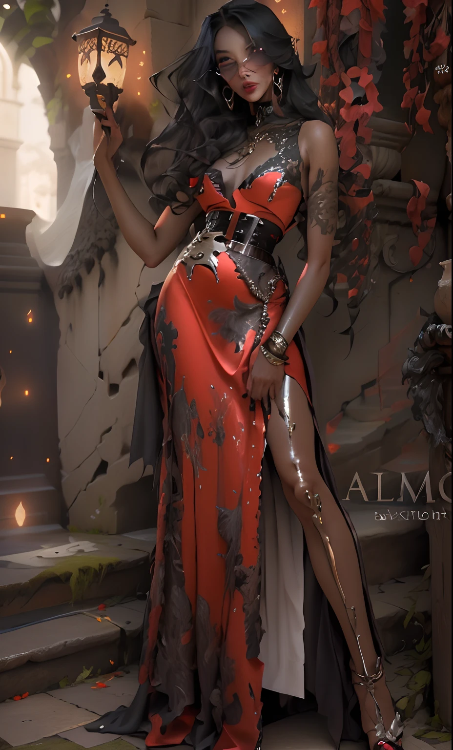 01_Flower woman, very beautiful, Miss Universe, full-length figure, angelic woman, dark muted colors, red evening dress, light satin fabric, fluffy airy skirt, red leather corset with white belts, chains, exquisite jewelry. Long hair, mixed ethnicity, Asian, European style, African American. Her arms are decorated with bracelets, flowers in her hair, lilies and other unusual floral elements. The image radiates magnetic beauty and attractiveness, VOG cover.
02_Stylization, effect – the painting is made using the oil painting technique. Background – Wide brush – brush strokes, textured, careless virtuoso painting. Author, Titian, Rubens, Velazquez. Contemporary painting. Gloomy, scary, attractive.
03_Background - flowers, very strange flowers, the whole picture, long stems, lush flower buds, dark purple-black, green vegetation. Baudelaire “Flowers of Evil”, Wamphyri, Lady – Patroness of Darkness.
04_High image quality, 4K | Ultra HD | Full HD, cinematic rendering, 3D visualization - a masterpiece, TOP computer graphics ART. Unreal 8K engine, motion capture, dark lighting, strong shading, warm shadows - cool lighting, high detail. (vivid, photorealistic, dramatic, dark, sharp focus, 8K). Highly detailed textures, materials, stone, metal, decomposition of corpses, bones, skulls. (shades of gray, red, black, elements, metallic shine, red fire) Destroyed architecture floating in space - debris, stones, ruins, magical pentagrams, amulets, ornaments, Kabbalistic symbols. Film grains, dust and particles in the air.