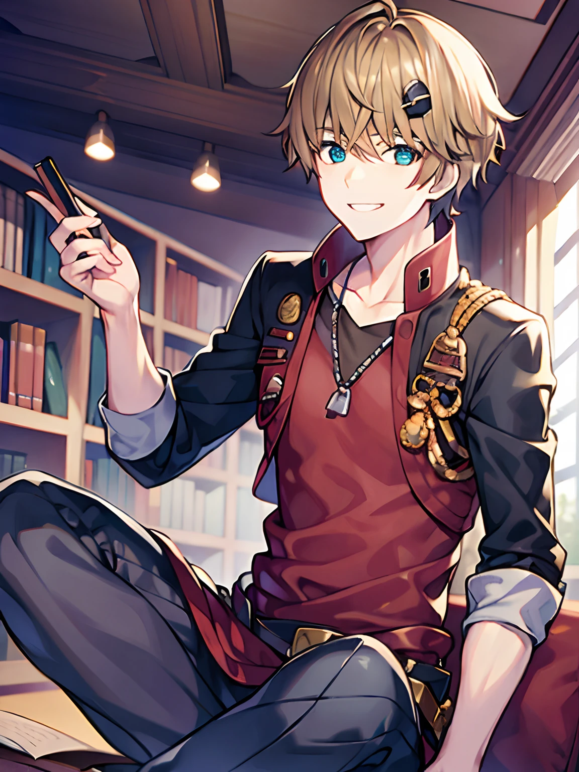 one boy, Thoma, sitting in a library, wearing a librarian costume, ultra high quality