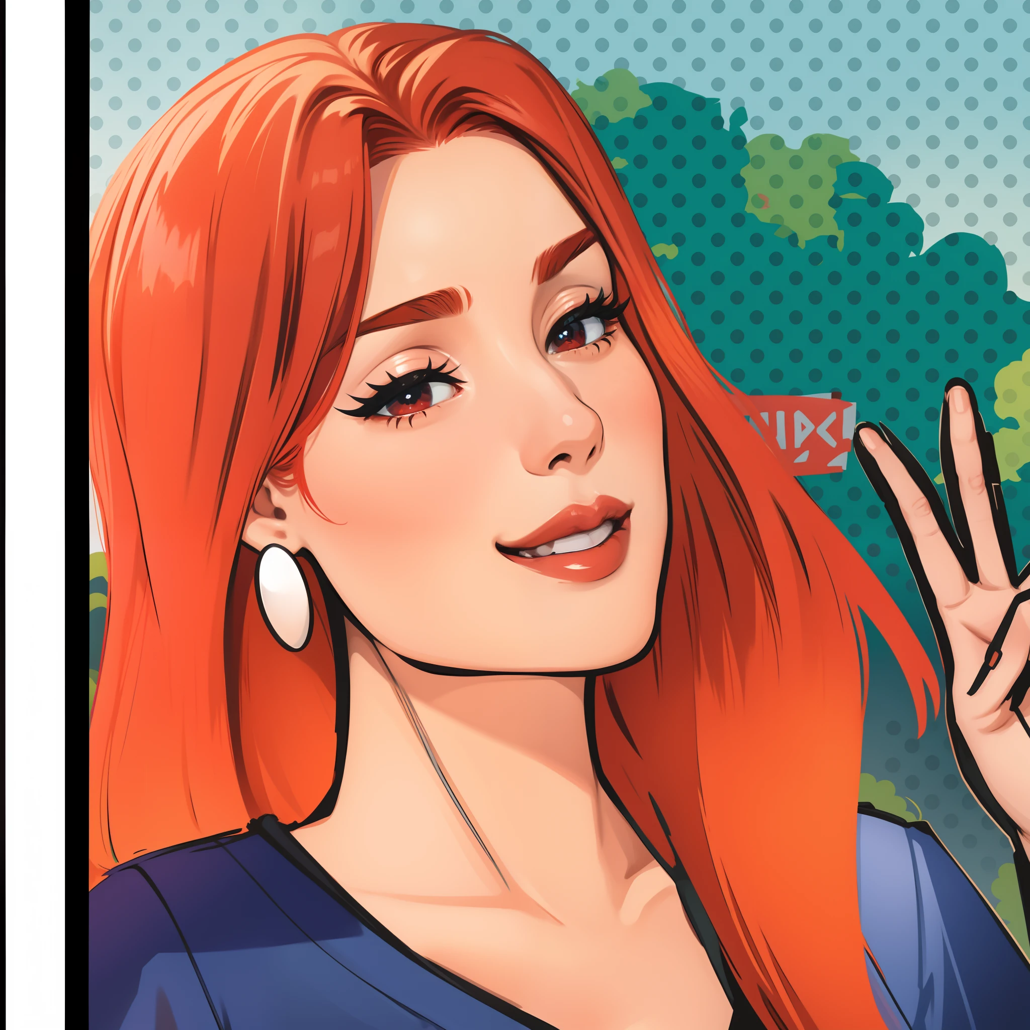 There's a red-haired woman making a peace sign,