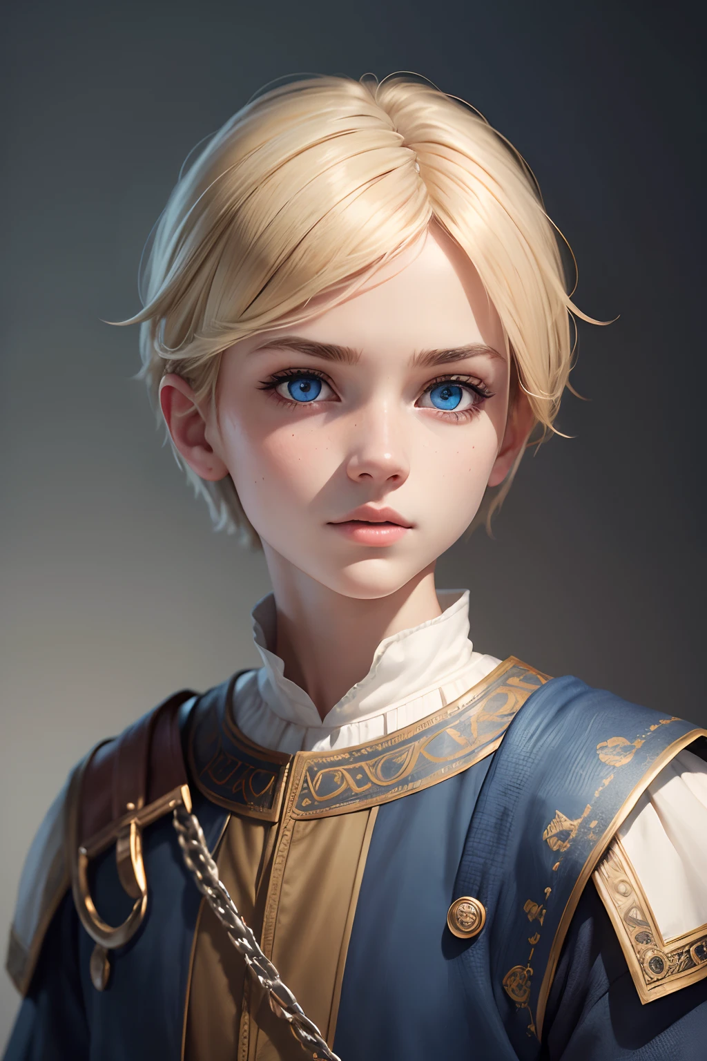 (hyperrealistic), (8K), (extremely detailed), (best illustration), (beautiful detailed eyes), (best quality), (ultra-detailed), (masterpiece), (detailed face), solo, exquisite details, detailed faces, ,pureerosfaceace_ v1,1 boy, alone,female setting,white background, Wattson, master piece, ,highly detailed, blue eyes, blonde hair, short hair,medieval light simple medieval clothes