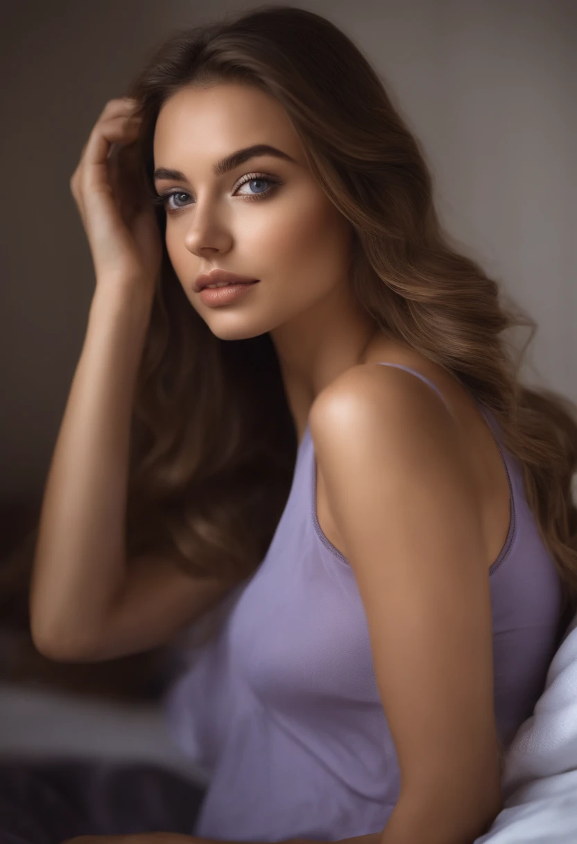 Arafed woman completely , fille sexy aux yeux bleus, ultra realist, Meticulously detailed, Portrait Sophie Mudd, cheveux blonds et grands yeux, selfie of a young woman, Yeux de chambre, Violet Myers, sans maquillage, maquillage naturel, looking straight at camera, Visage avec Artgram, Maquillage subtil, Great photo of the whole body kneeling on the bed, dans la chambre, Medium to large bust ; latina realiste
