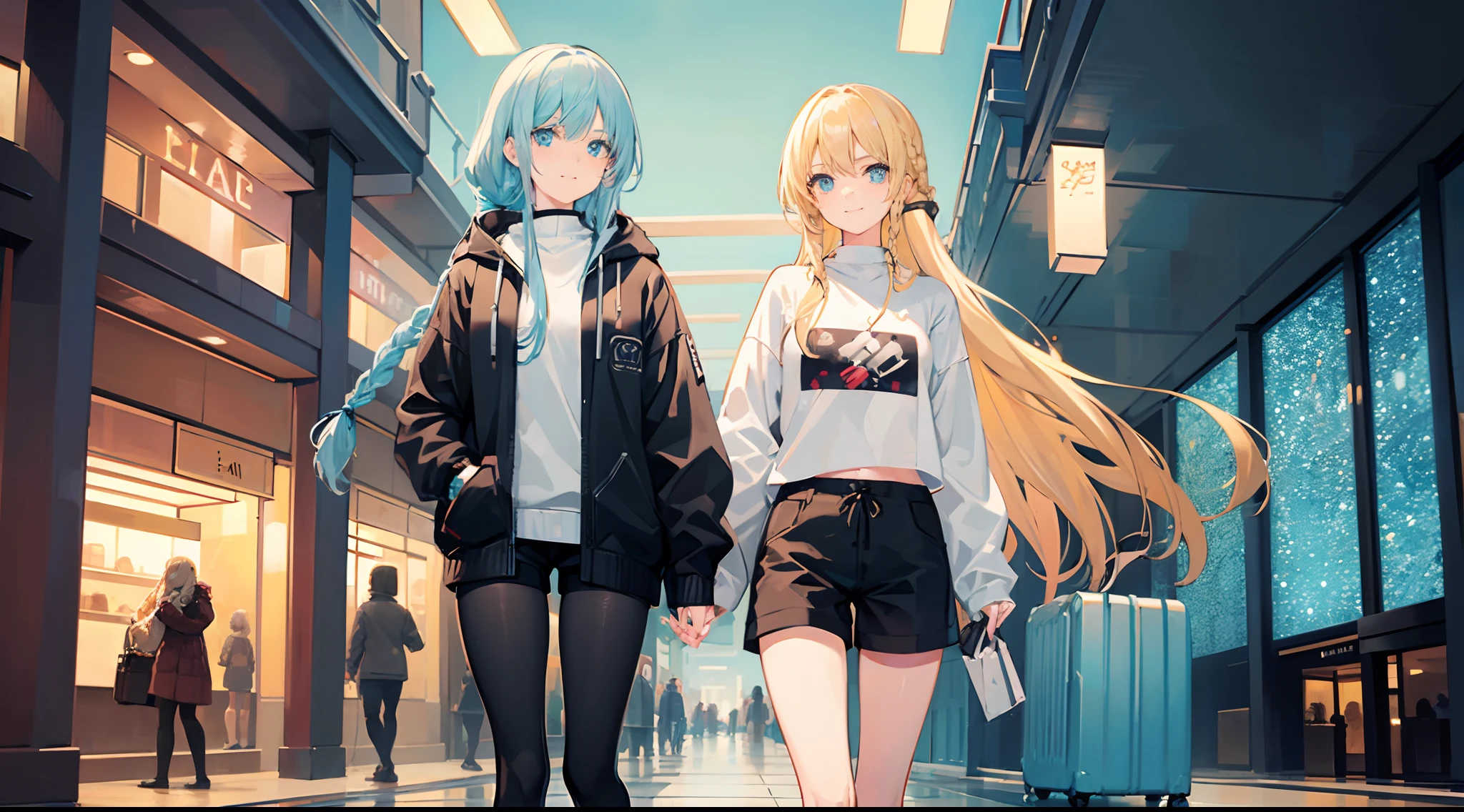 18-year-old blonde girl, Turquoise eyes, long-haired,Braid left and right. Wear knitwear......black shorts.Walking in the middle of the mall, I turned to look at it with a slightly smiling face...............