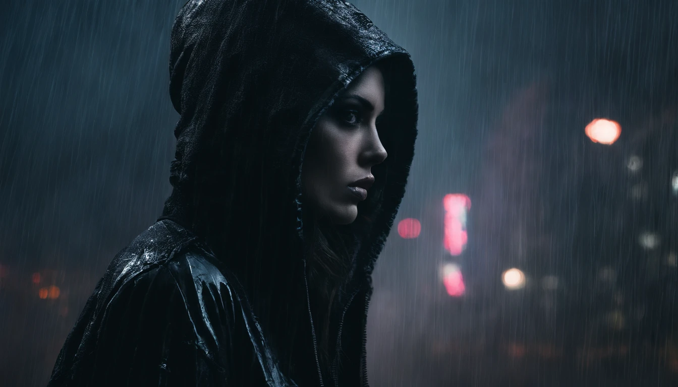 Portrait of a beautiful girl with a hoodie in a cyberpunk city at night, rainy night, beautiful eyes, foggy night lights, dramatic lights, neon lights, hardwave aesthetic, cold lights, dark cyberpunk aesthetic, extremely beautiful woman.