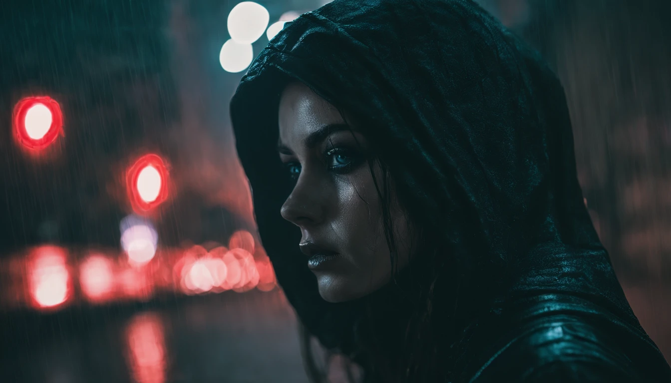 Portrait of a beautiful girl with a hoodie in a cyberpunk city at night, rainy night, beautiful eyes, foggy night lights, dramatic lights, neon lights, hardwave aesthetic, cold lights, dark cyberpunk aesthetic, extremely beautiful woman.