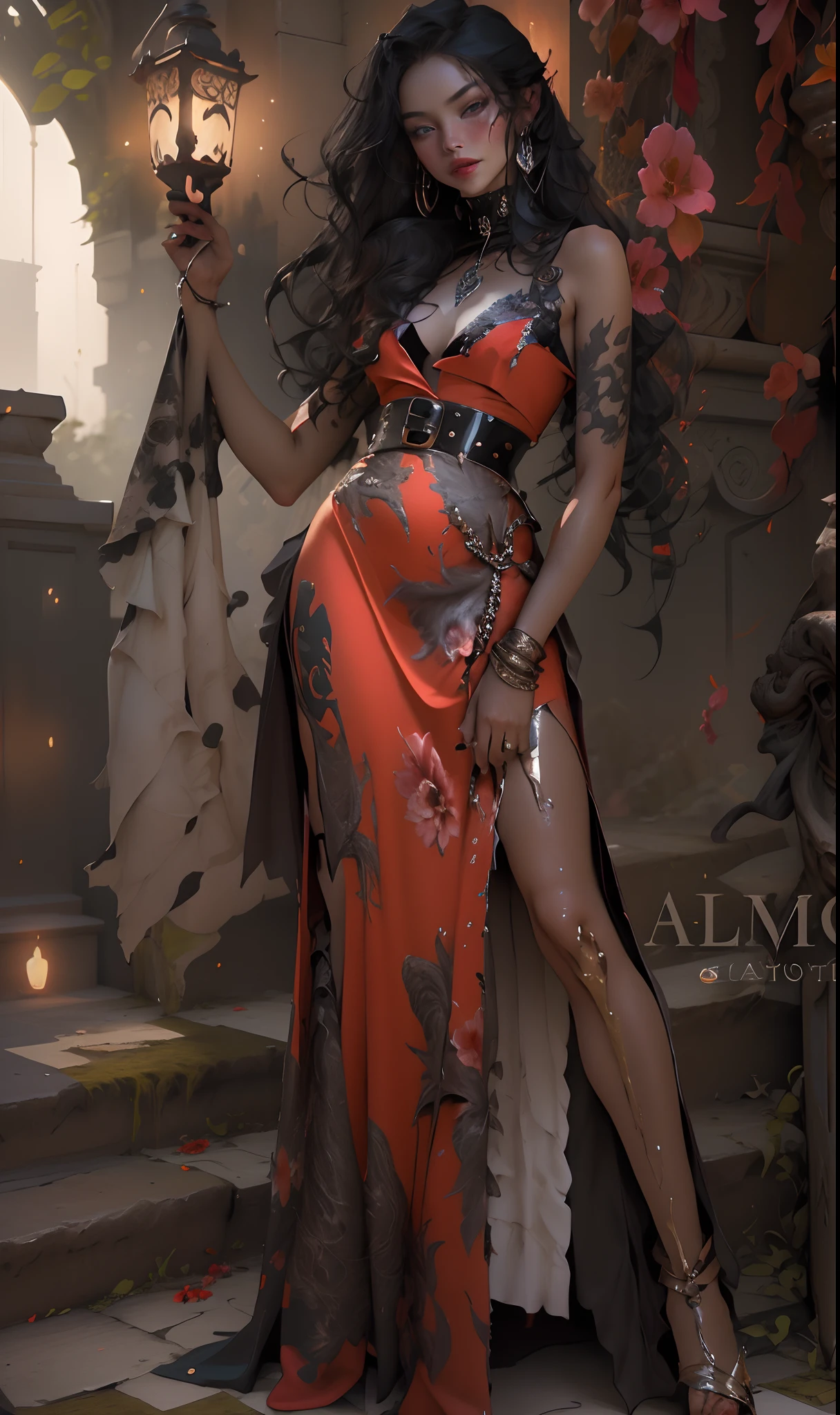 01_Flower Girl, very extremely beautiful, Miss Universe, full body figure, Angelic Woman, Dark muted colors, Red Evening Dress, Lightweight satin fabric, fluffy airy skirt, red leather corset with white belts, fetters, exquisite jewelry. Long hair, Mixed Ethnicity, an asian woman, european style, african American. Her hands are adorned with bracelets, Flowers in her hair, lilies and other unusual floral elements. The image radiates magnetic beauty and allure, VOG Cover.
02_Styling, Effect – the painting is made in the technique of oil painting. Background – Wide Brush – Brush Strokes, textured, Sloppy virtuoso painting. Author, titian, rubens, Velasquez. Contemporary Painting. Gloomy, Scary, Attractive.
03_Background - flowers, Very Strange Flowers, The whole picture, Long stems,, Lush flower buds,, dark purple-black, green vegetation. Baudelaire "The Flowers of Evil", Wamfiri, Lady Patroness of Darkness.
04_High image quality, 4k | Ultra HD | Full HD, cinematic rendering, 3D визуализация - шедевр, TOP computer graphics ART. Unreal 8K Engine, Motion Capture, Dark lighting, Strong shading, Warm Shadows – Cool Lighting, high detail. (The vibrant, Photorealistic, dramatic, Dark, sharp-focus, 8K). Highly detailed textures, materials, stone, Metal, Decomposition of corpses, bones, skulls. (Grayscale, Red, black, nuts and bolts, Metallic luster, red fire) Shattered architecture, hovering in space - debris, Stones, Ruins, Magic Pentagrams, Charms, Ornaments, Kabbalistic symbols. film grains, Dust and particles in the air.