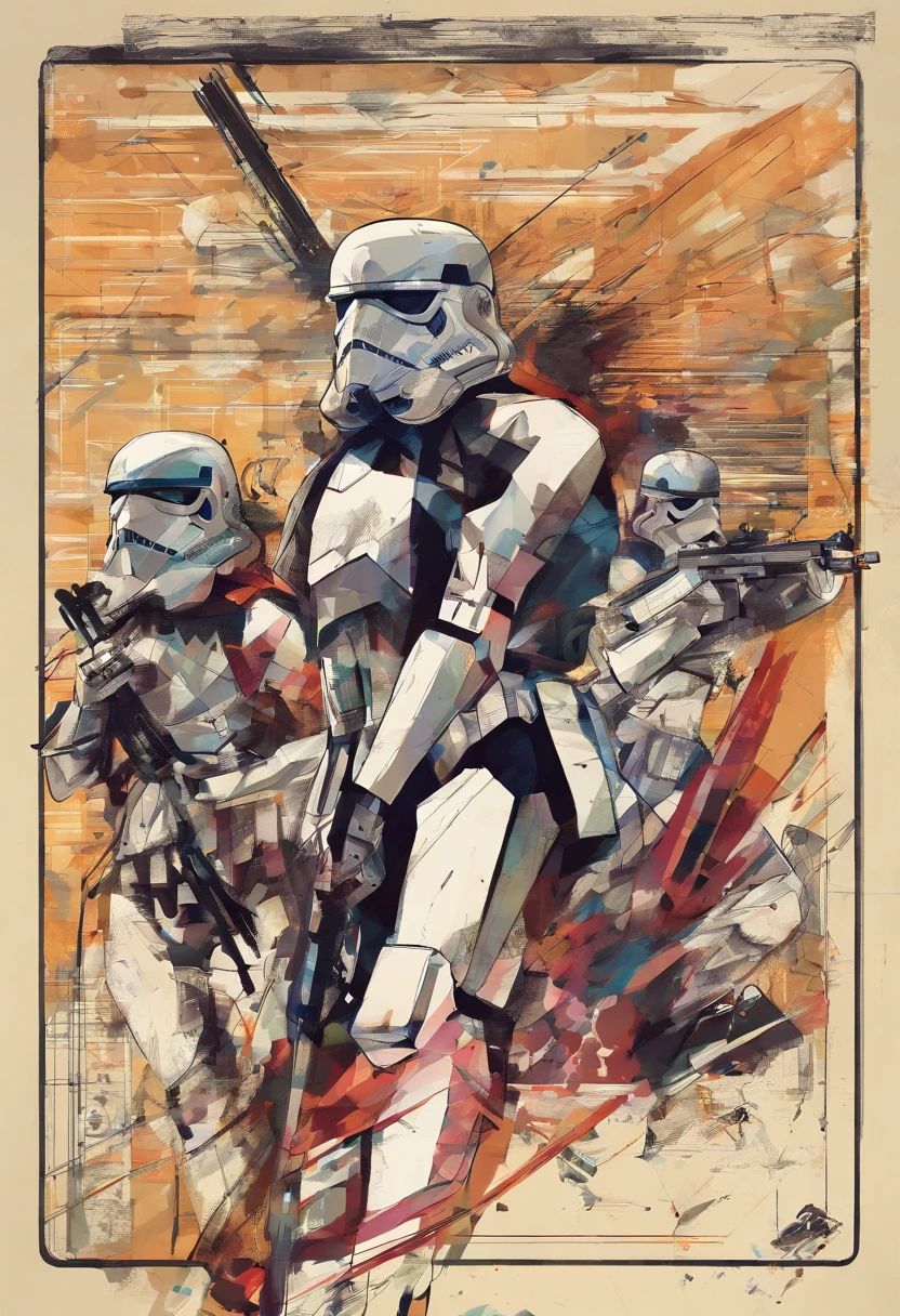 El dibujo de tinta  Stormtroopers, Digital illustration, Comic strip style, acuarela, Estilo ArtStation, arte conceptual, 2 d illustration, por Peter Draw, por Carne Griffiths, por Wadim Kashin, cuerpo completo, centrado,detallado, Suave, dynamic  pose