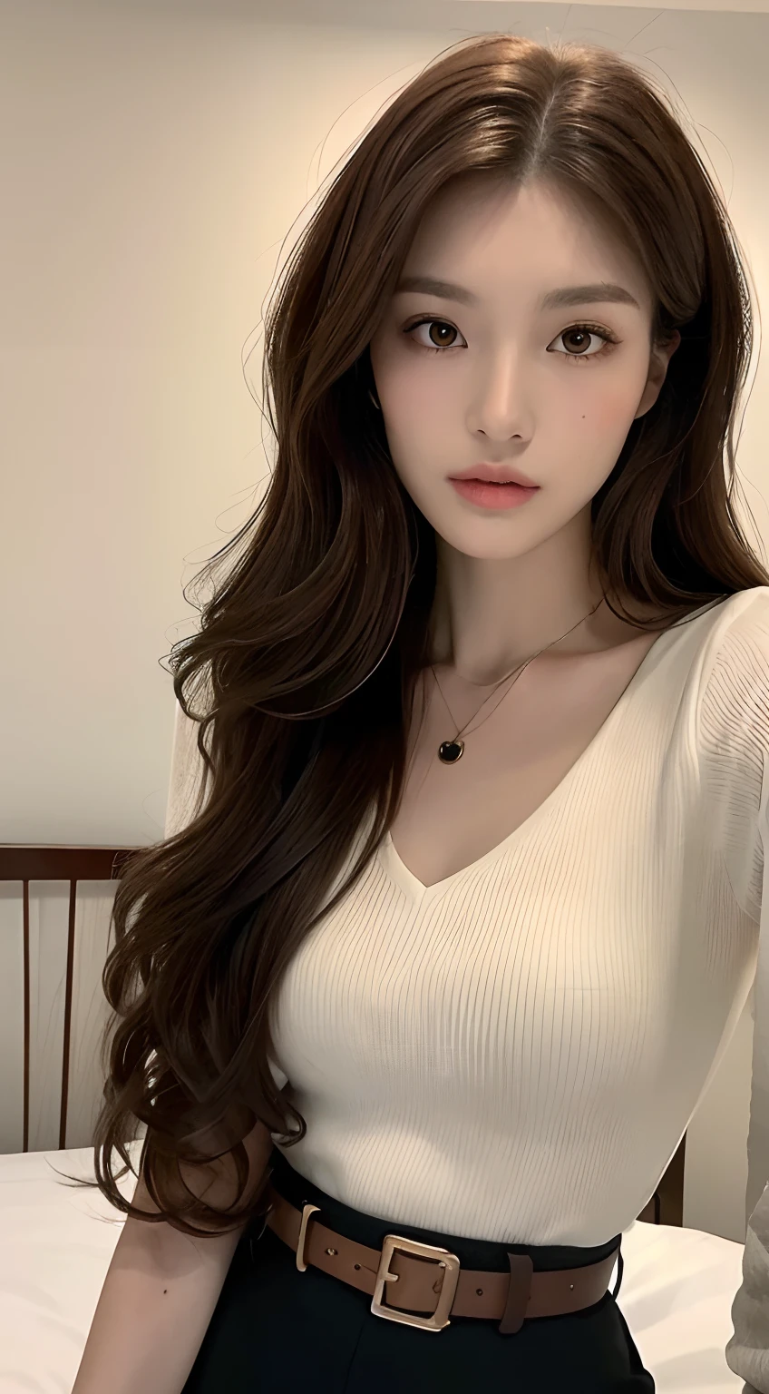 (Best quality, high resolution, masterpiece: 1.3), a tall and beautiful woman, slender abs, ((Dark Brown Hair In Loose Wavy Styling)) ((Long Brown Hair)) breasts, wearing a pendant, white buttoned shirt, belt, black Res Veigna, (background is an interior modern bed), face and skin texture in beautifully presented details, detailed eyes, double eyelids