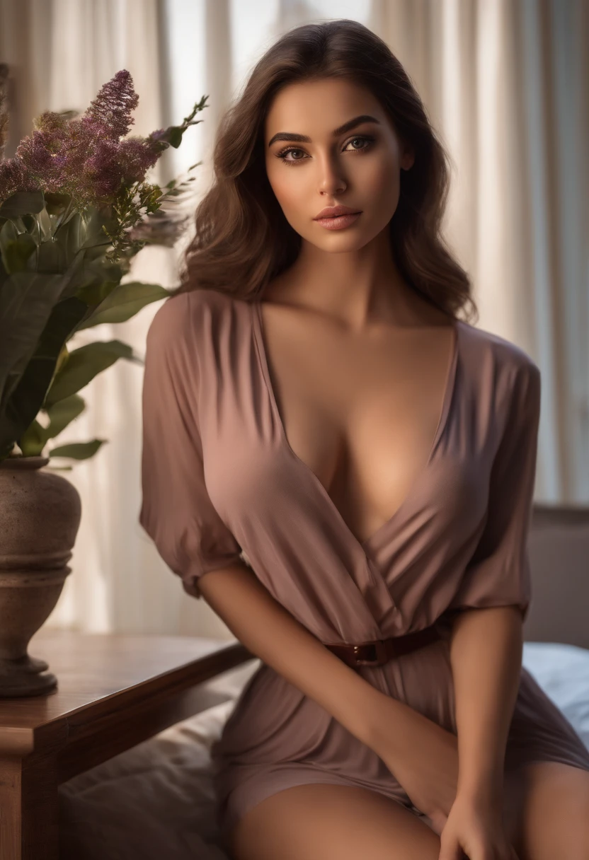 arafed woman fully , sexy girl with brown eyes, italian, ultra realistic, meticulously detailed, portrait sophie mudd, brown hair and large eyes, selfie of a young woman, dubai eyes, violet myers, natural makeup, looking directly at the camera, face with artgram, stunning full body shot kneeling on bed, in bedroom, medium to large size bust