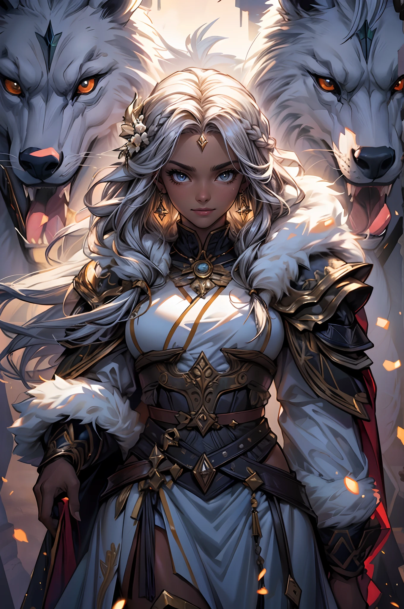 Fine illustration, ultra detailed, highres, from below, beautiful, gablin_woman, elegant standing_pose, slightly smiling,close mouth, elegant look, ((looking at viewer)),barbarian_dress, black_afro_glistening long braided_hair, tall warrior, ((dark_skin_female)), smoky_glowing world, detailed countryside_dress with glittery paladin woman_dress, detailed embroidery, white fur_cape, extremely layered frills
