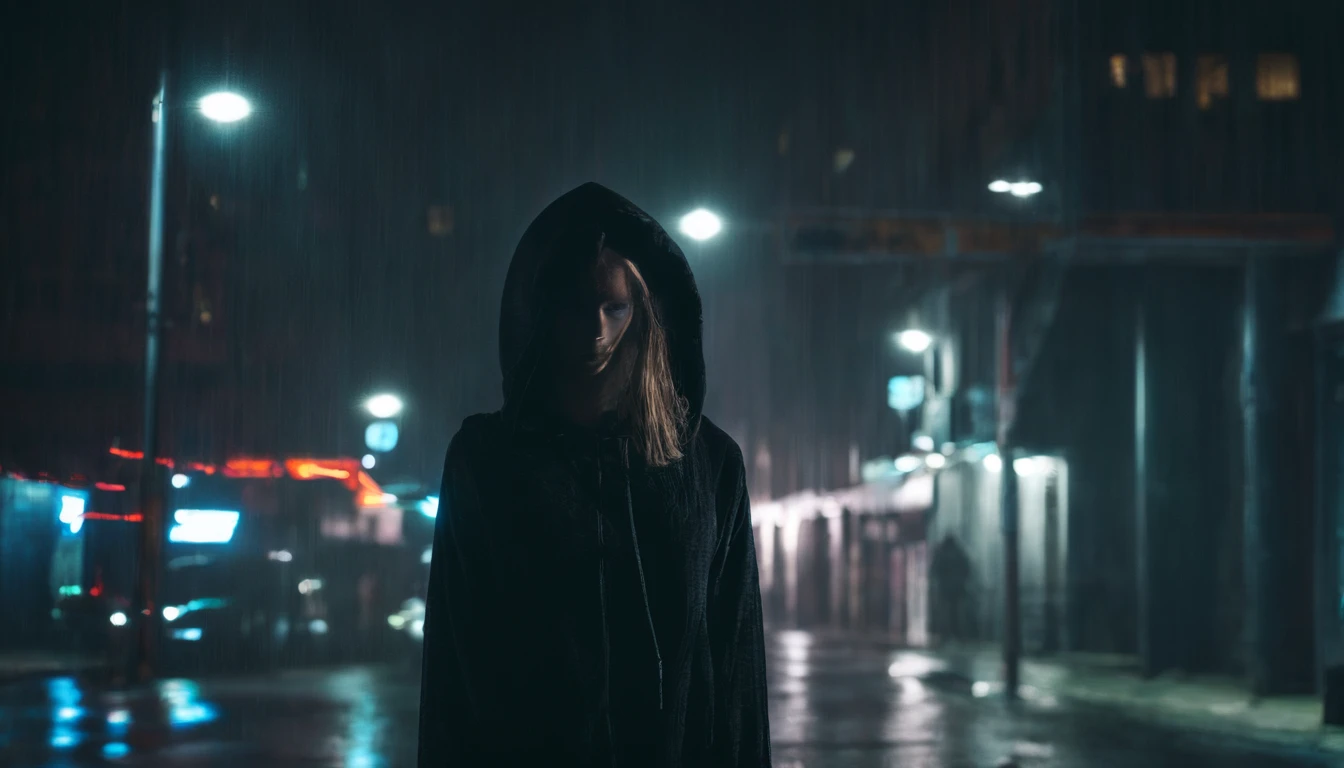 Portrait of a beautiful girl with a hoodie in a city alley at night, rainy night, beautiful eyes, foggy night lights, dramatic lights, neon lights, hardwave aesthetic, cold lights, dark cyberpunk aesthetic, extremely beautiful woman.