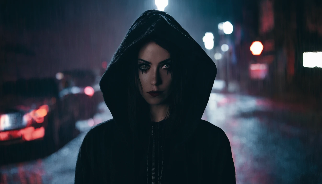 Portrait of a beautiful girl with a hoodie in a city alley at night, rainy night, beautiful eyes, foggy night lights, dramatic lights, neon lights, hardwave aesthetic, cold lights, dark cyberpunk aesthetic, extremely beautiful woman.