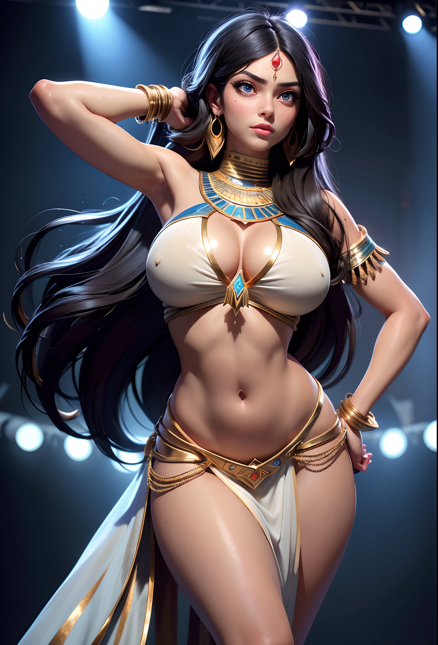 1 girl, Women, tanned skin, Pigmentation, Belly dance costume, Belly dance costume, Very Huge Big Chest, Egyptian Decor, Egyptians, Black Hair, Tie me up., long-haired, sharp face, Exquisite Face, Sharp navel, Sweat, Few pieces of clothing, Blue Eyes, sharp sweat;, HD, 4K, Stand on stage, Background contrast, Look at the audience., master-piece, Major contributions, sharp photo, attractive, Flawless., Sweaty Lot, (Unbeatable masterpiece:1.4), high-res, Sexy, ultra quality, Drenched body, Drenched breasts, Dreamy wet breast sweating, Manifestation of fatigue, Very tired., High resolution lips, High resolution mouth, High resolution eyes, In high resolution eyes, High resolution eyeballs, High resolution set, High-resolution devices, Everything in high resolution, Dancing on stage,
