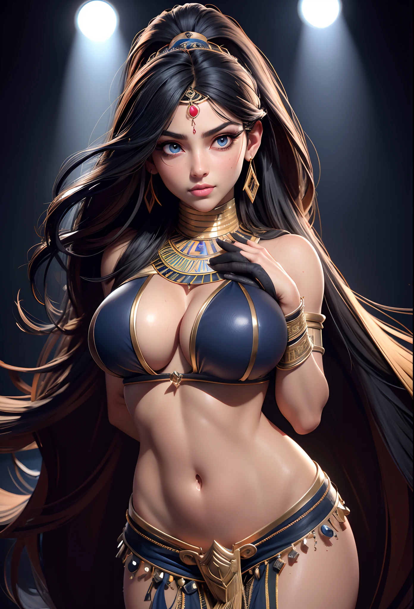 1 girl, Women, tanned skin, Pigmentation, Belly dance costume, Belly dance costume, Very Huge Big Chest, Egyptian Decor, Egyptians, Black Hair, Tie me up., long-haired, sharp face, Exquisite Face, Sharp navel, Sweat, Few pieces of clothing, Blue Eyes, sharp sweat;, HD, 4K, Stand on stage, Background contrast, Look at the audience., master-piece, Major contributions, sharp photo, attractive, Flawless., Sweaty Lot, (Unbeatable masterpiece:1.4), high-res, Sexy, ultra quality, Drenched body, Drenched breasts, Dreamy wet breast sweating, Manifestation of fatigue, Very tired., High resolution lips, High resolution mouth, High resolution eyes, In high resolution eyes, High resolution eyeballs, High resolution set, High-resolution devices, Everything in high resolution, Dancing on stage,