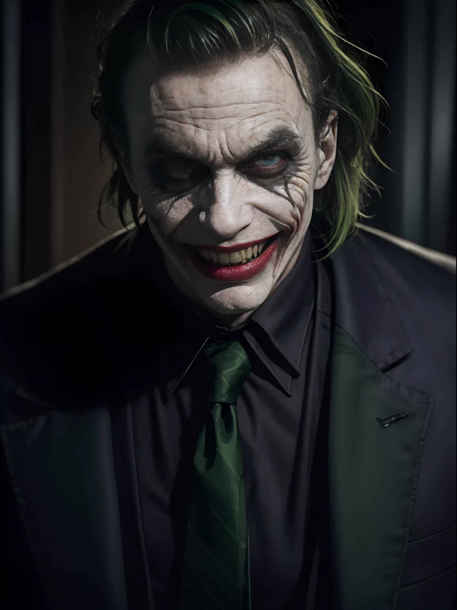 (best quality,ultra-detailed,realistic:1.37),dark and twisted,green-haired Joker's malevolent grin,horrifyingly detailed face,maniacal expression,perverse smile,evil laughter,mischievous eyes,sinister charm,distorted laughter,insanity lurking beneath the façade,jarring presence,disturbing essence,villainous character,psychopathic portrayal,chaotic aura,piercing gaze,macabre personality,sinister intentions,wild and unkempt hair,menacing aura,twisted sense of humor,pale white skin,distorted and exaggerated features,twisted soul,horrifyingly delightful,crazed maniac,unsettling presence,insidious energy,green-dyed hair,the embodiment of chaos,demented clown,lunatic genius,deranged mastermind,disturbed and twisted mind,devious schemes,dark secrets concealed behind his wicked smile,unsettlingly captivating,playful malice,green locks that mirror his twisted soul