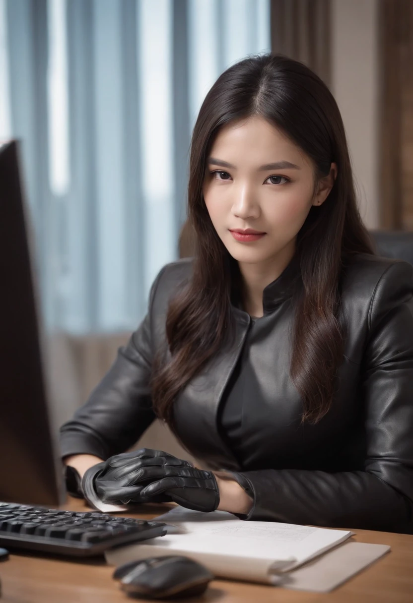 Wearing black leather gloves in both hands, upper body, black business suit, facing the desk in my room with a computer in the dark, operating indifferently while looking at the computer screen with the fingertips of black leather gloves, long black hair bundled in the back, still young, young and very cute face Japanese female new employee (black leather gloves cover both hands)