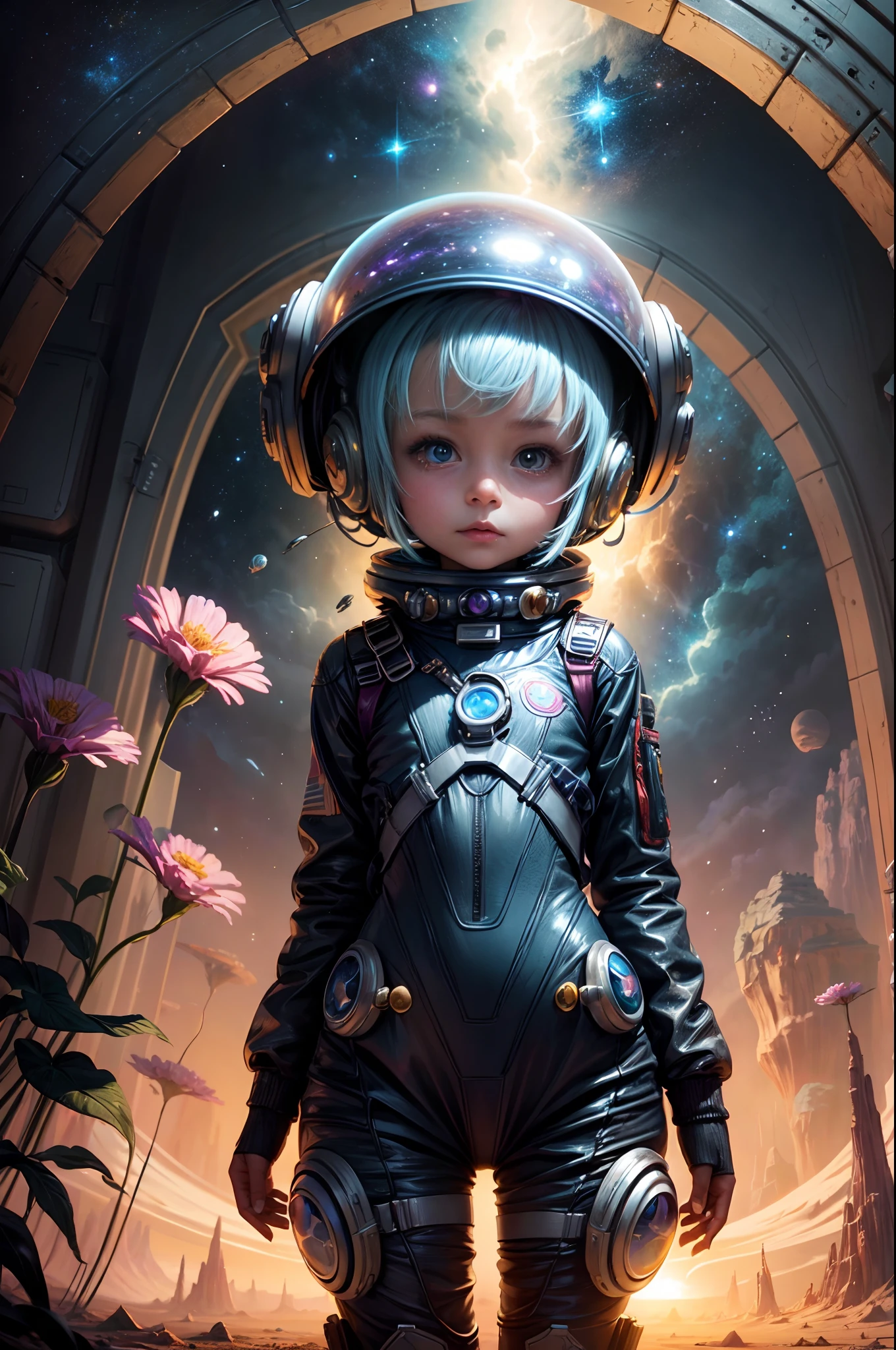 "A detailed painting of a  alien girl dressed as a space ranger, exploring an extraterrestrial landscape adorned with vibrant, otherworldly flowers. Science fiction wonderland, imaginative, space adventure."