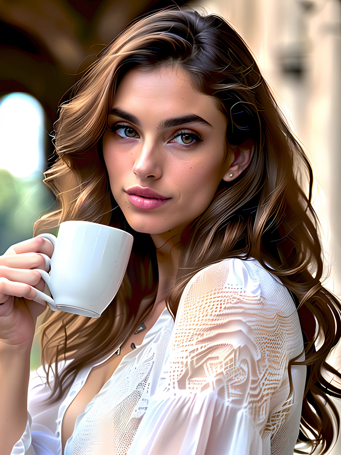 Face portrait of a woman with long dark brown curly hair with blond highlights, light brown skin and seductive eyes detailed, porter une blouse sociale, Drinking Coffee with a Blurred Background, best quality masterpiece, photoreallistic, Detailed, 8k, Hdr, faible profondeur de champ, broad light, high contrast, contre-jour, fleurir, Lueurs lumineuses, aberration chromatique, mise au point nette, Photo couleur RAW